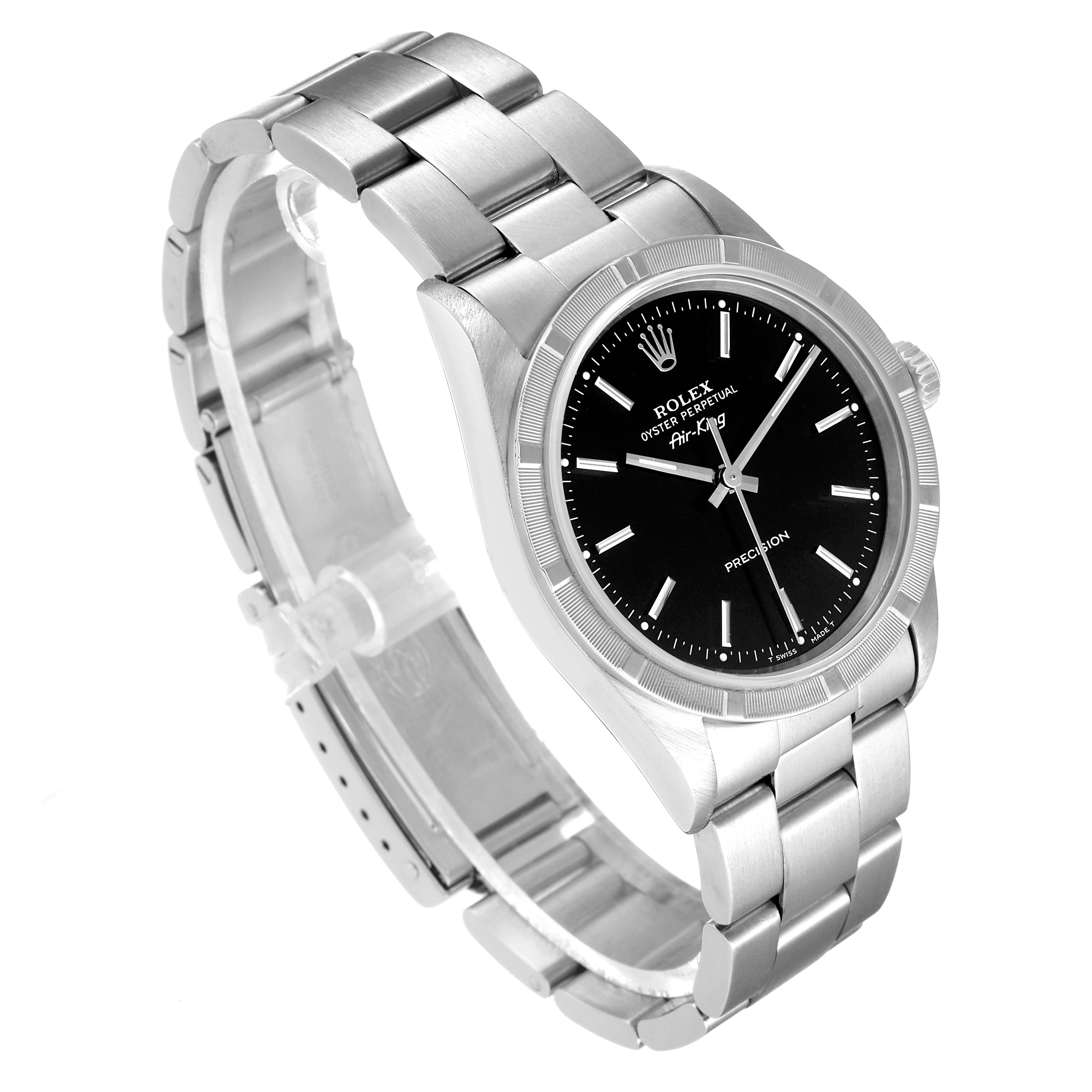 This image displays a Rolex Air-King 14010 Men's Stainless Steel Black Dial 14010 Men's Stainless Steel Black Dial watch from a three-quarter angle, showing the face, bezel, crown, and bracelet.