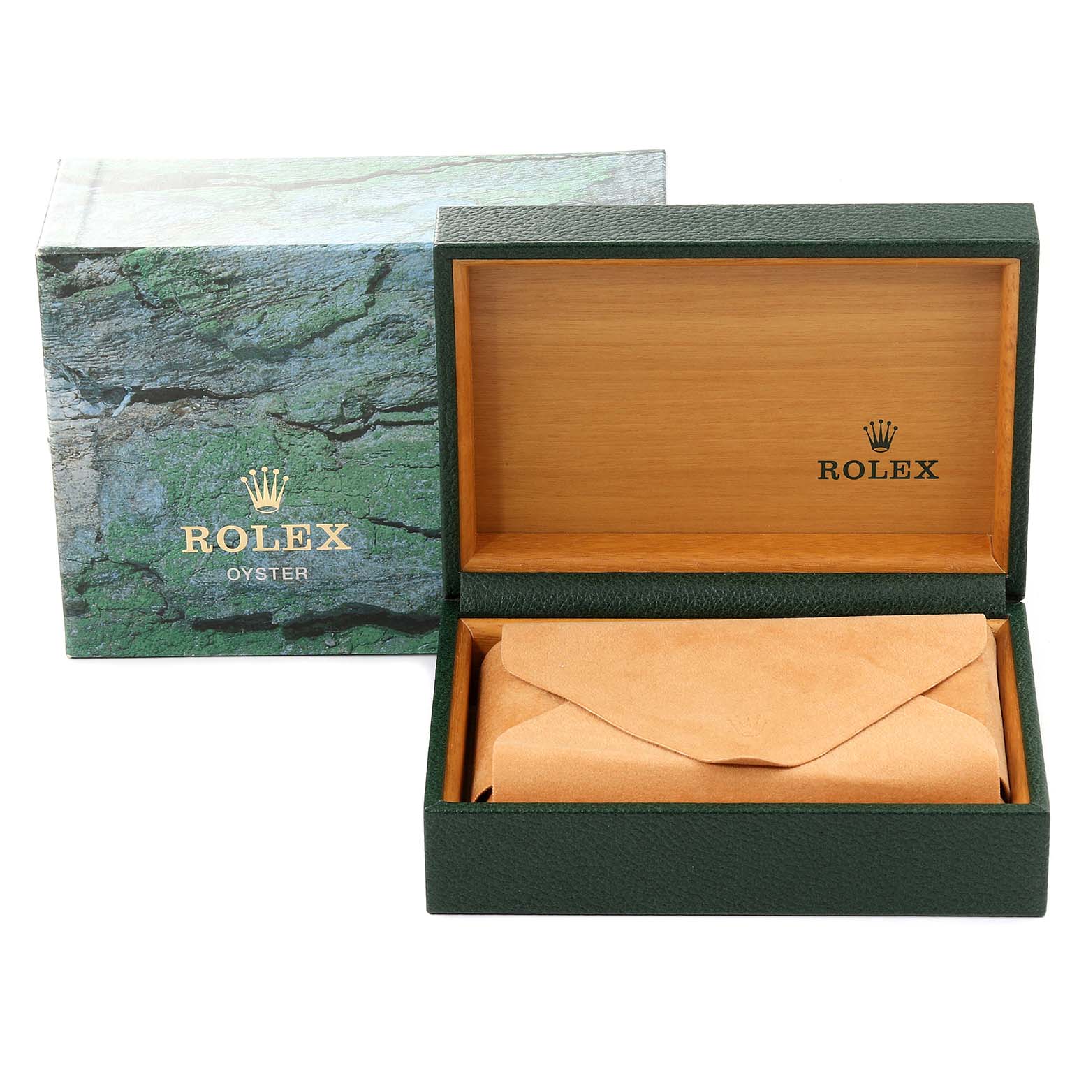 This image shows the open presentation box and outer packaging for the Rolex Air-King 14010 Men's Stainless Steel Black Dial 14010 Men's Stainless Steel Black Dial watch model.