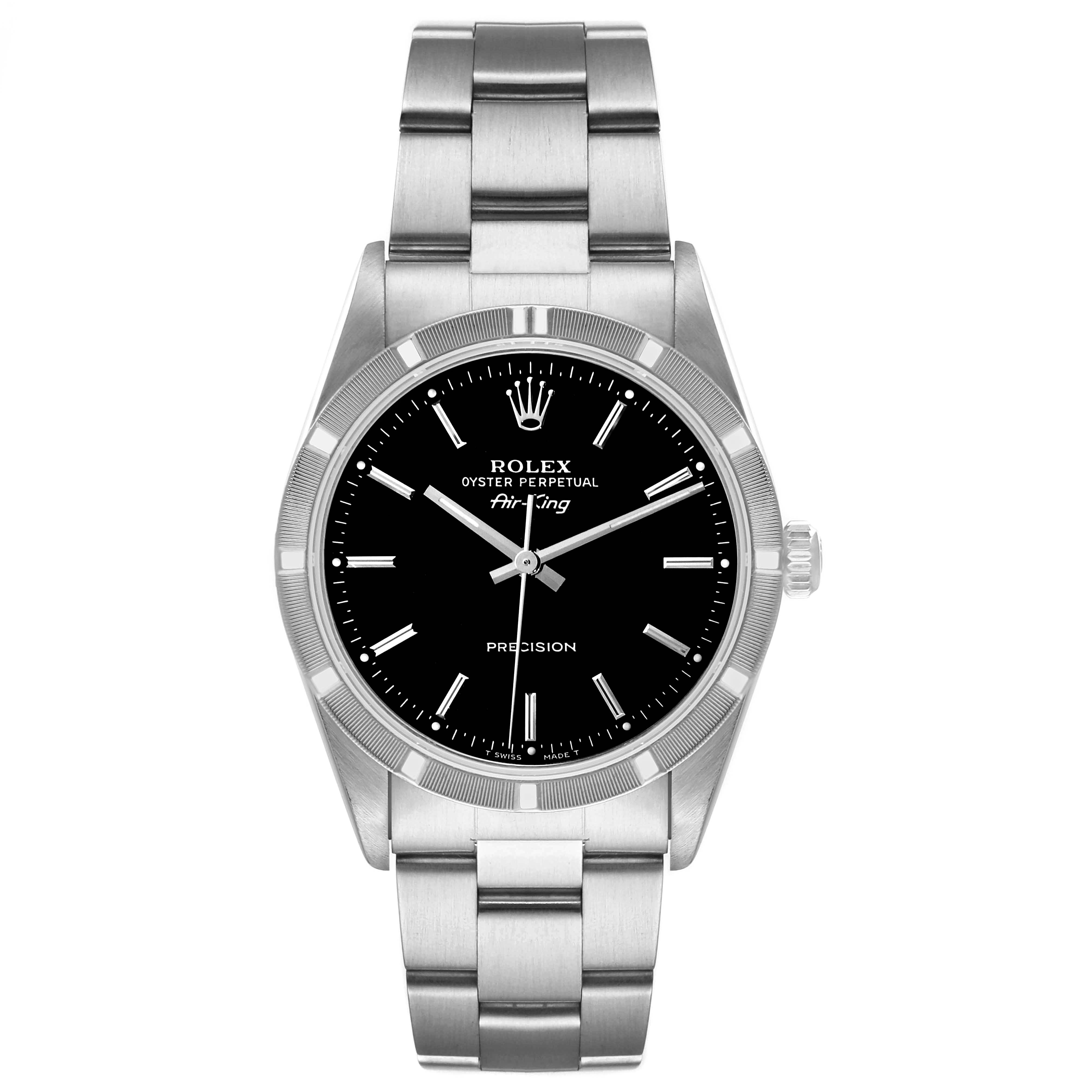 The image shows a frontal view of the Rolex Air-King 14010 Men's Stainless Steel Black Dial 14010 Men's Stainless Steel Black Dial watch, highlighting its dial, bezel, and metal bracelet.