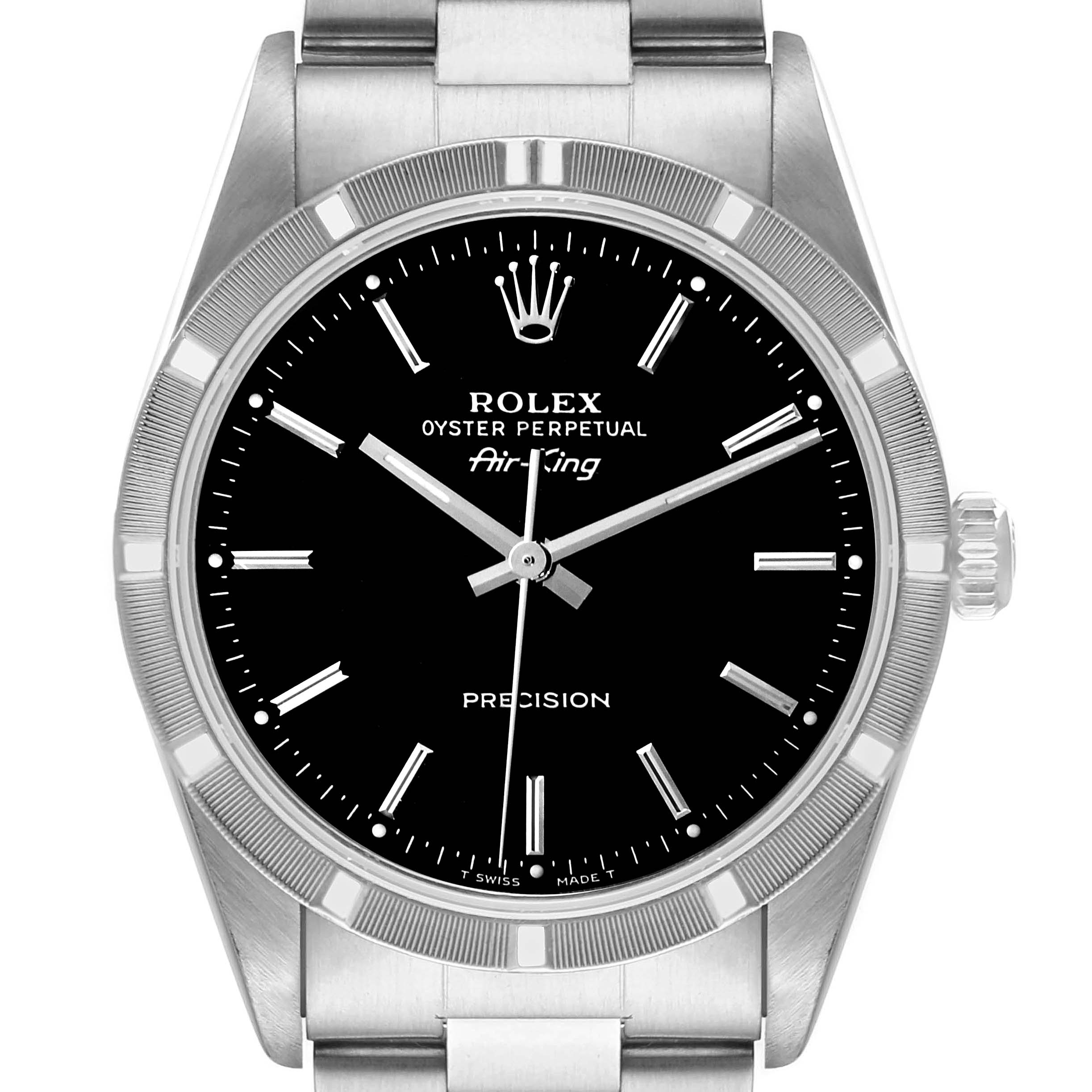 This image shows a front view of a Rolex Air-King 14010 Men's Stainless Steel Black Dial 14010 Men's Stainless Steel Black Dial watch, displaying the dial, hands, bezel, lugs, and part of the strap.