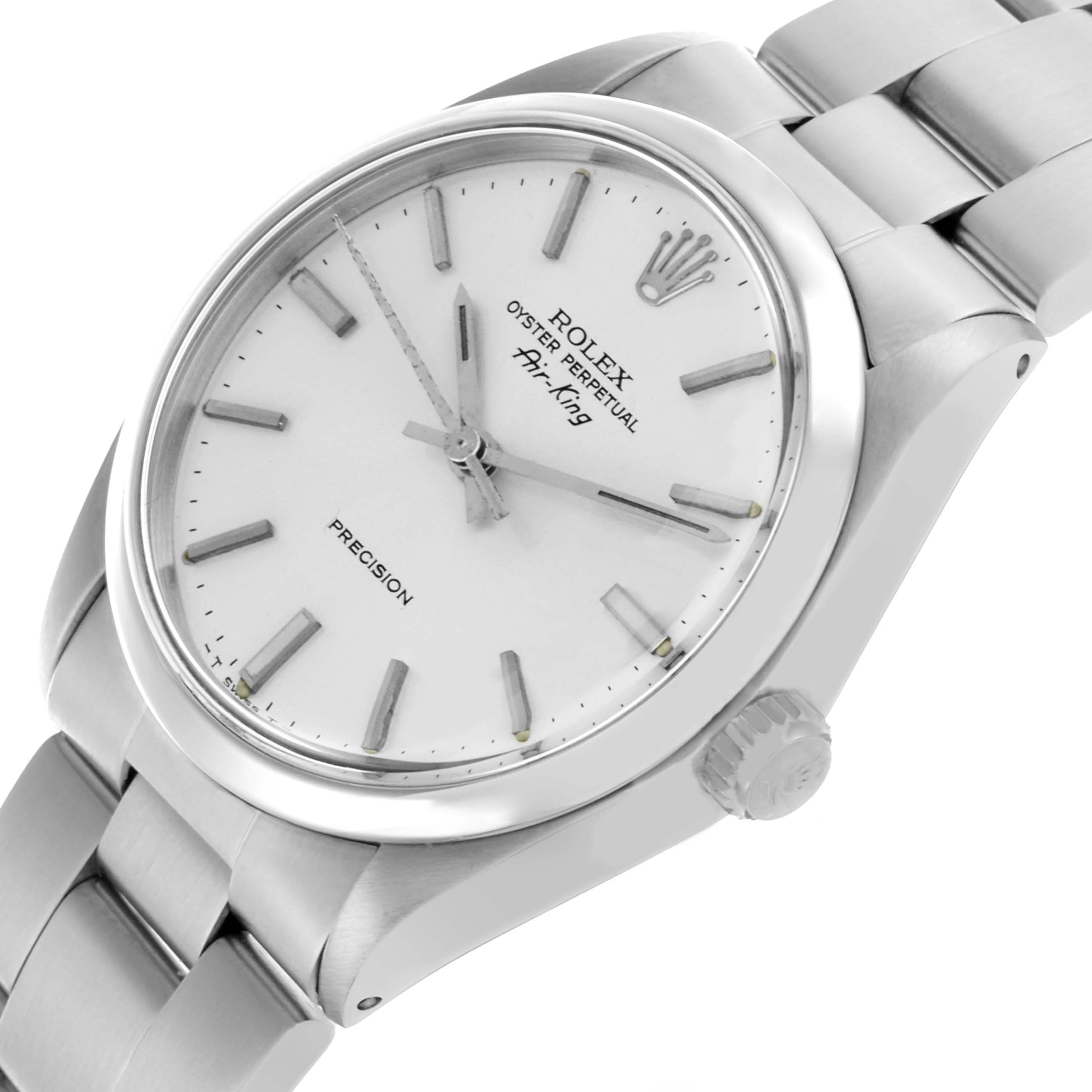 The Rolex Air-King 5500 Men's Stainless Steel Silver Dial 5500 Men's Stainless Steel Silver Dial watch is shown at a slight angle, highlighting the face, case, and bracelet.