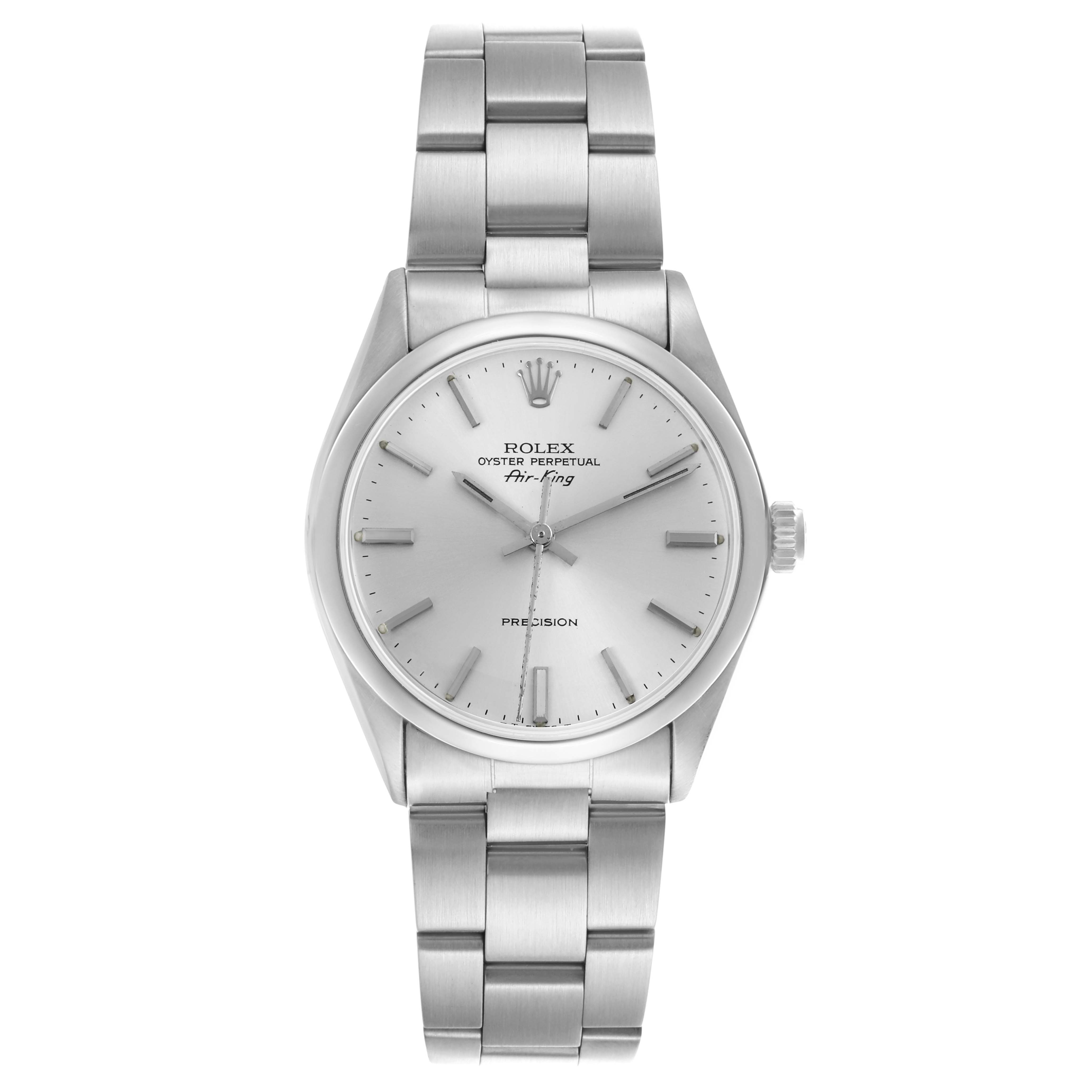 The Rolex Air-King 5500 Men's Stainless Steel Silver Dial 5500 Men's Stainless Steel Silver Dial watch is shown from a front angle, displaying the bracelet, case, dial, and crown.
