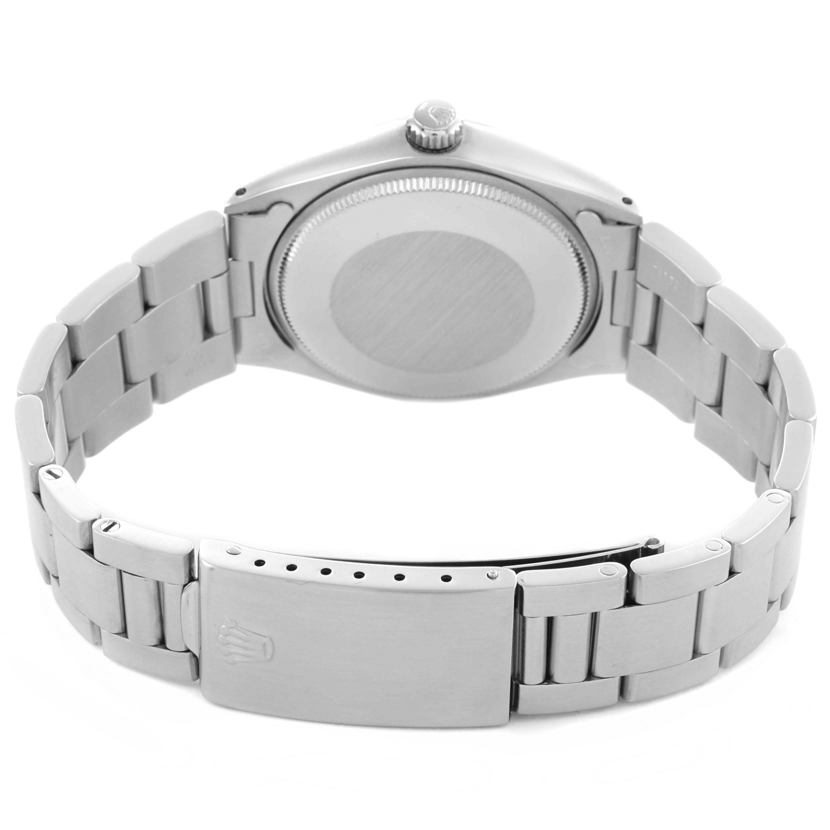 The Rolex Air-King 5500 Men's Stainless Steel Silver Dial 5500 Men's Stainless Steel Silver Dial watch is shown from the back, displaying the case back, crown, and stainless steel bracelet with the clasp.