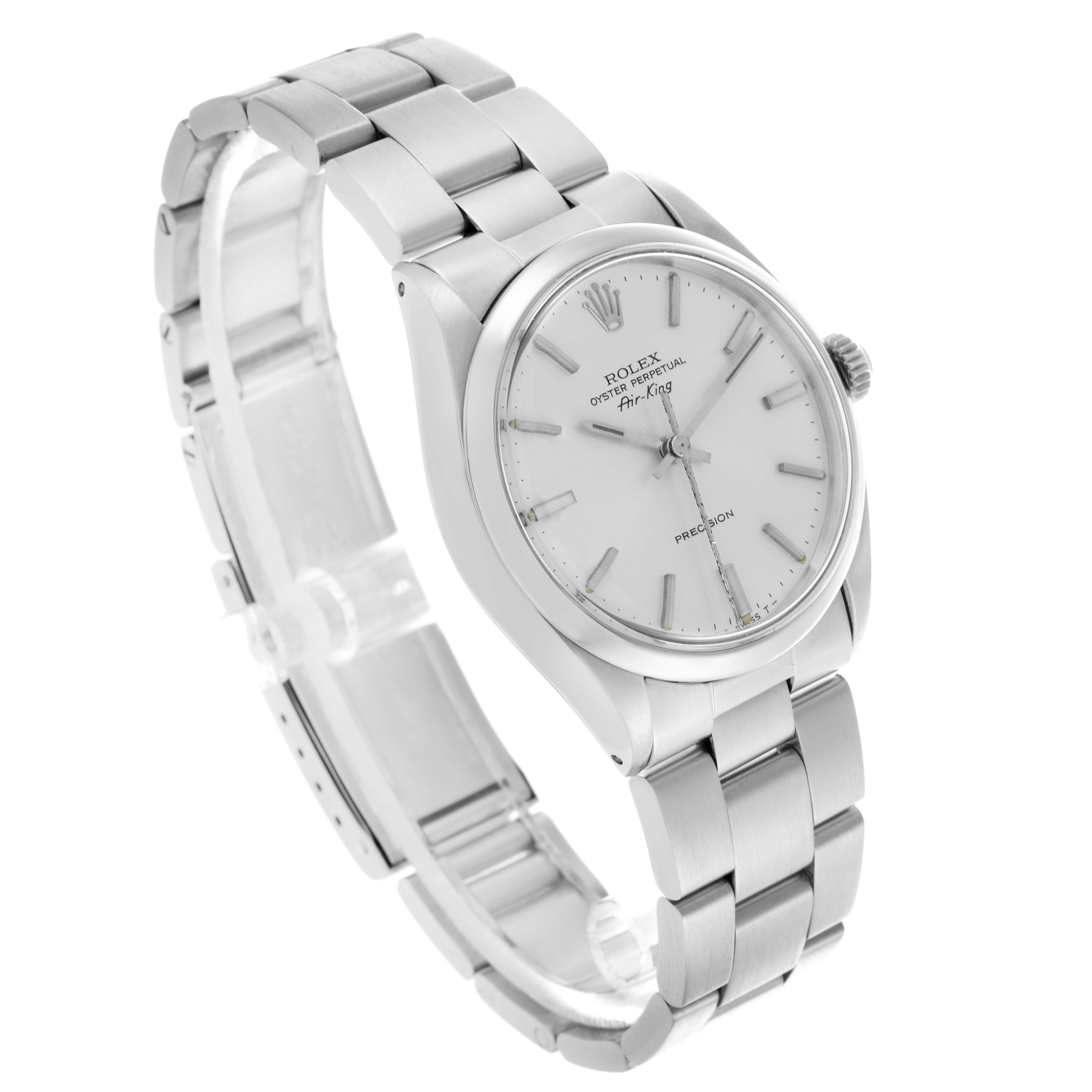 The Rolex Air-King 5500 Men's Stainless Steel Silver Dial 5500 Men's Stainless Steel Silver Dial watch is shown at an oblique angle, highlighting the bracelet, dial, and case.