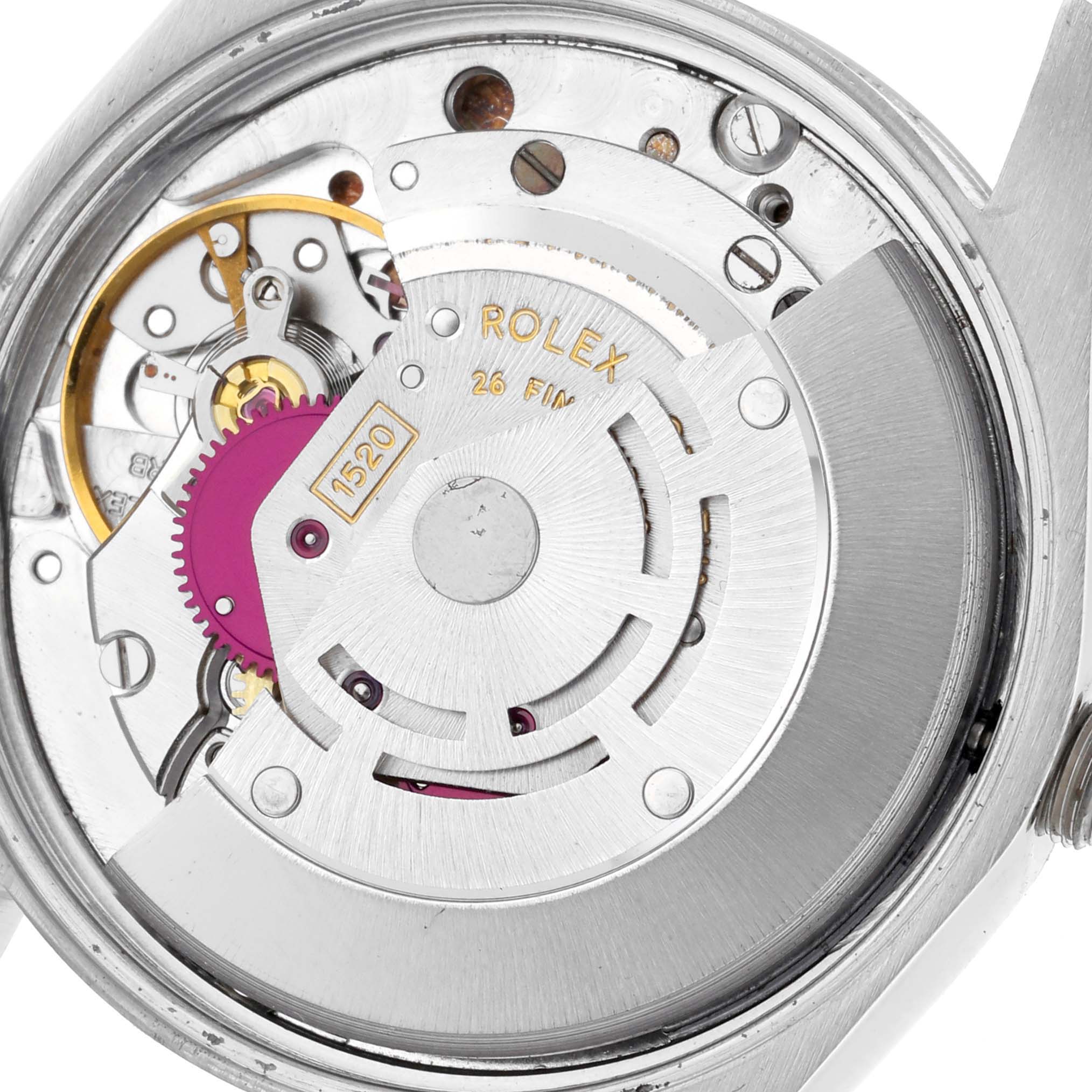 The image shows the back view of a Rolex Air-King 5500 Men's Stainless Steel Silver Dial 5500 Men's Stainless Steel Silver Dial, highlighting its movement and internal components.