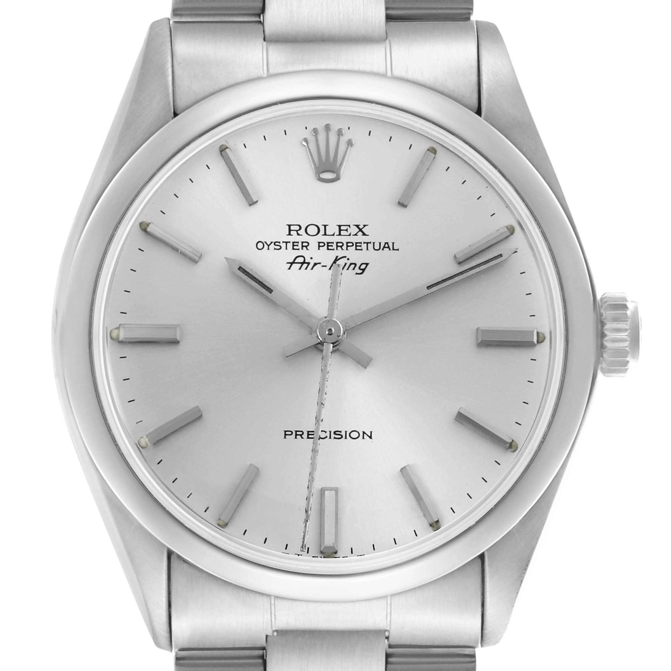 This image shows the Rolex Air-King 5500 Men's Stainless Steel Silver Dial 5500 Men's Stainless Steel Silver Dial watch at a centered angle, highlighting the dial, hour markers, hands, crown, and part of the bracelet.