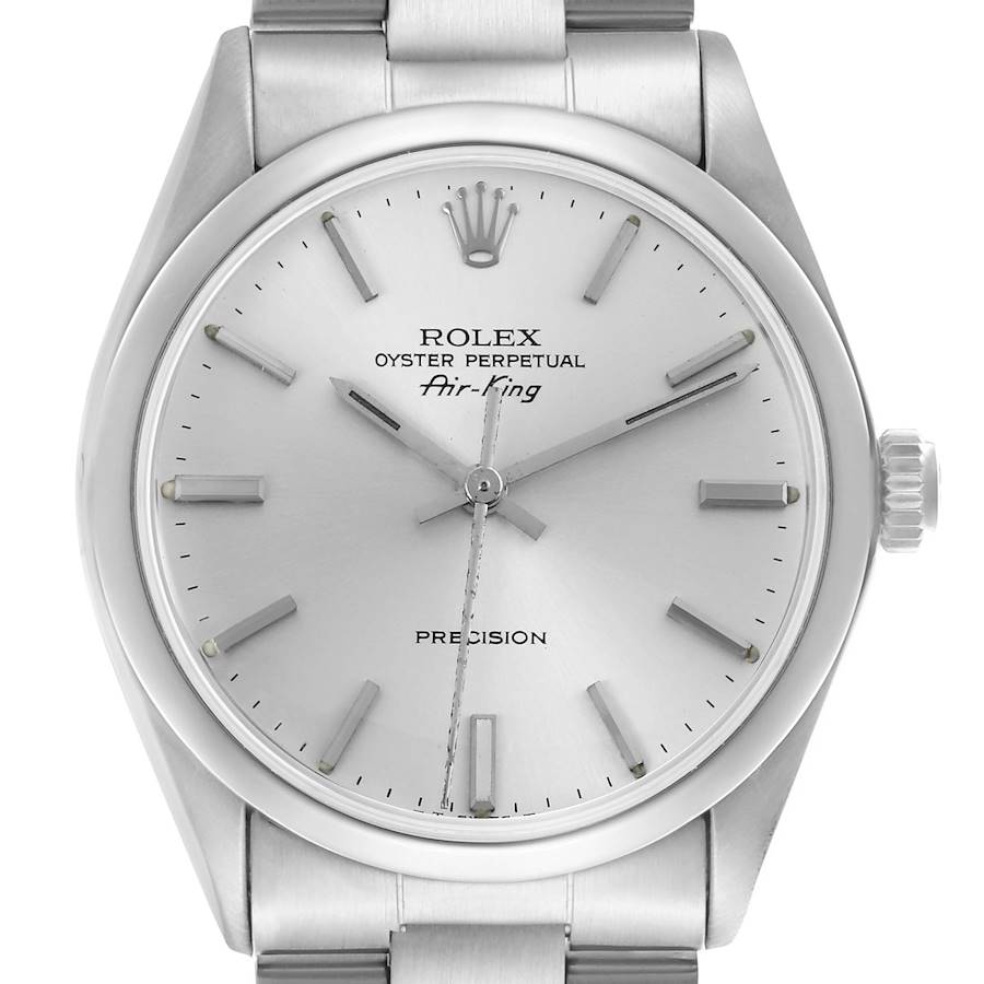 This image shows the Rolex Air-King watch at a centered angle, highlighting the dial, hour markers, hands, crown, and part of the bracelet.