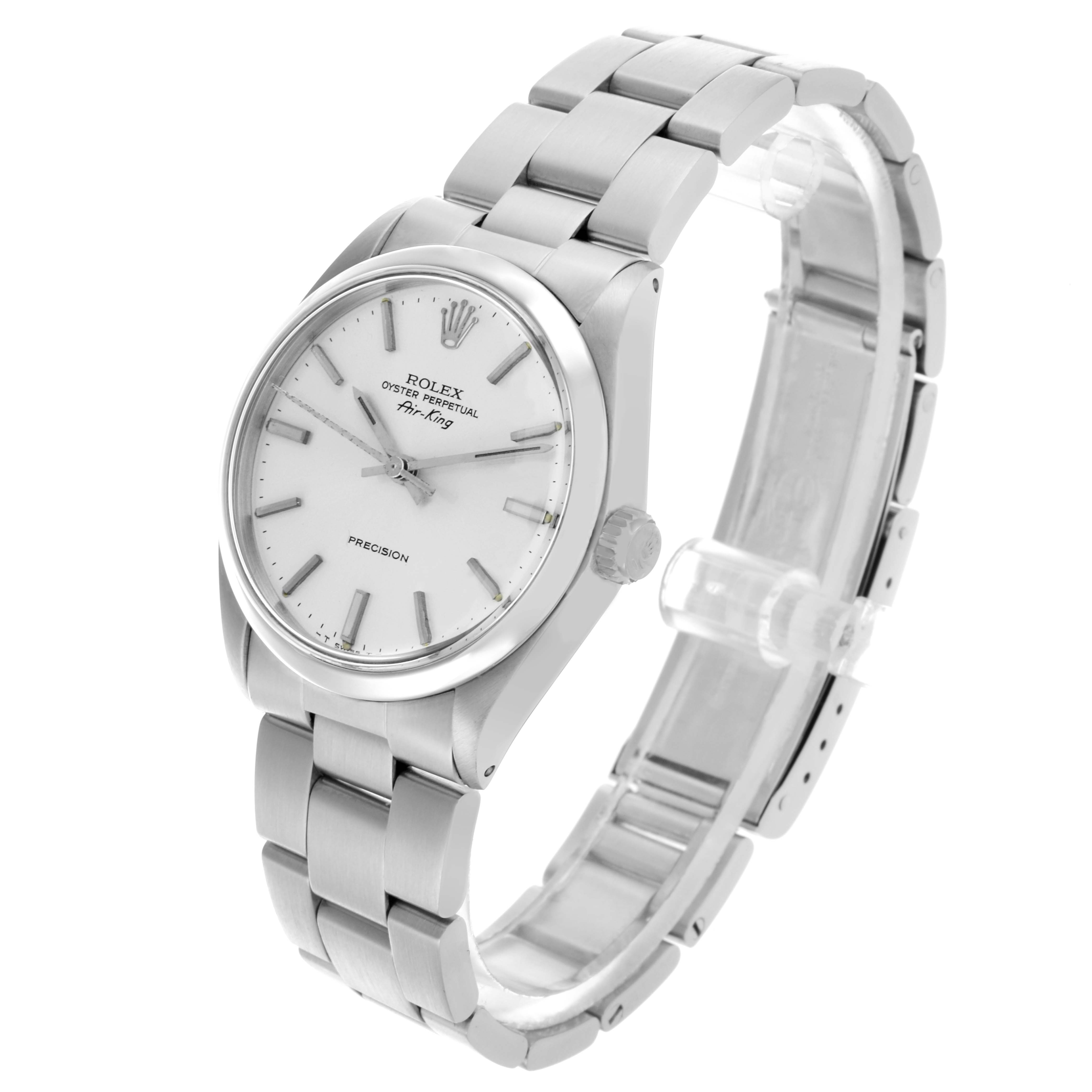 The Rolex Air-King 5500 Men's Stainless Steel Silver Dial 5500 Men's Stainless Steel Silver Dial watch is shown at an angled side view, highlighting its dial, bezel, crown, and bracelet.