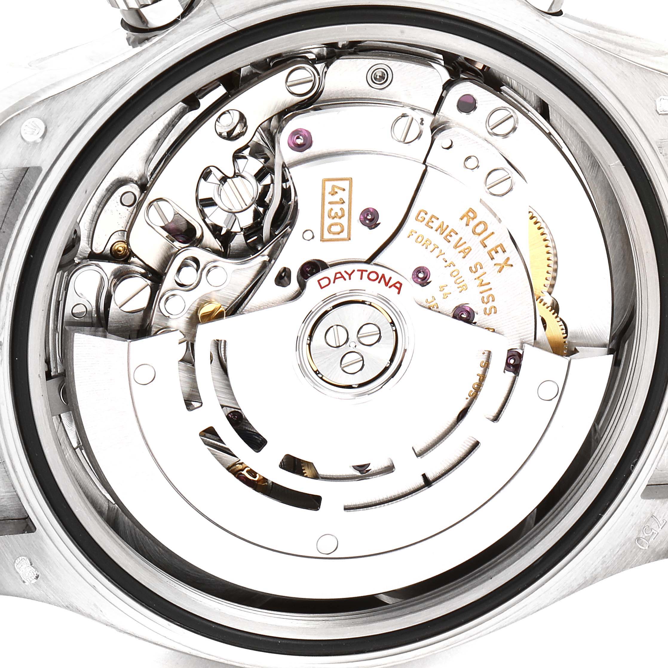 The image shows the intricate internal mechanics of a Rolex Daytona 116519 Men's White Gold Mother of Pearl Dial 116519 Men's White Gold Mother of Pearl Dial watch viewed from the back.