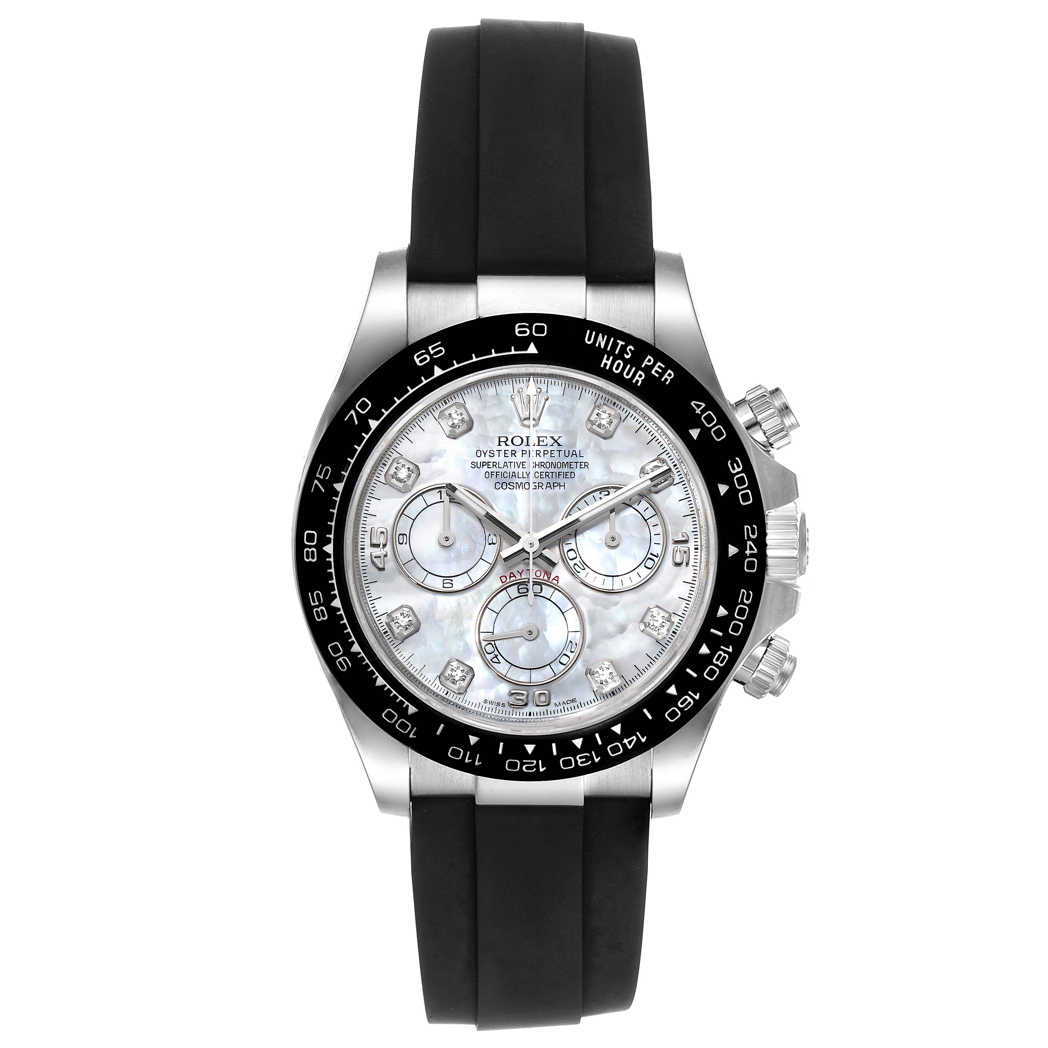 This image shows a Rolex Daytona 116519 Men's White Gold Mother of Pearl Dial 116519 Men's White Gold Mother of Pearl Dial watch from a front angle, highlighting its dial, bezel, pushers, and rubber strap.