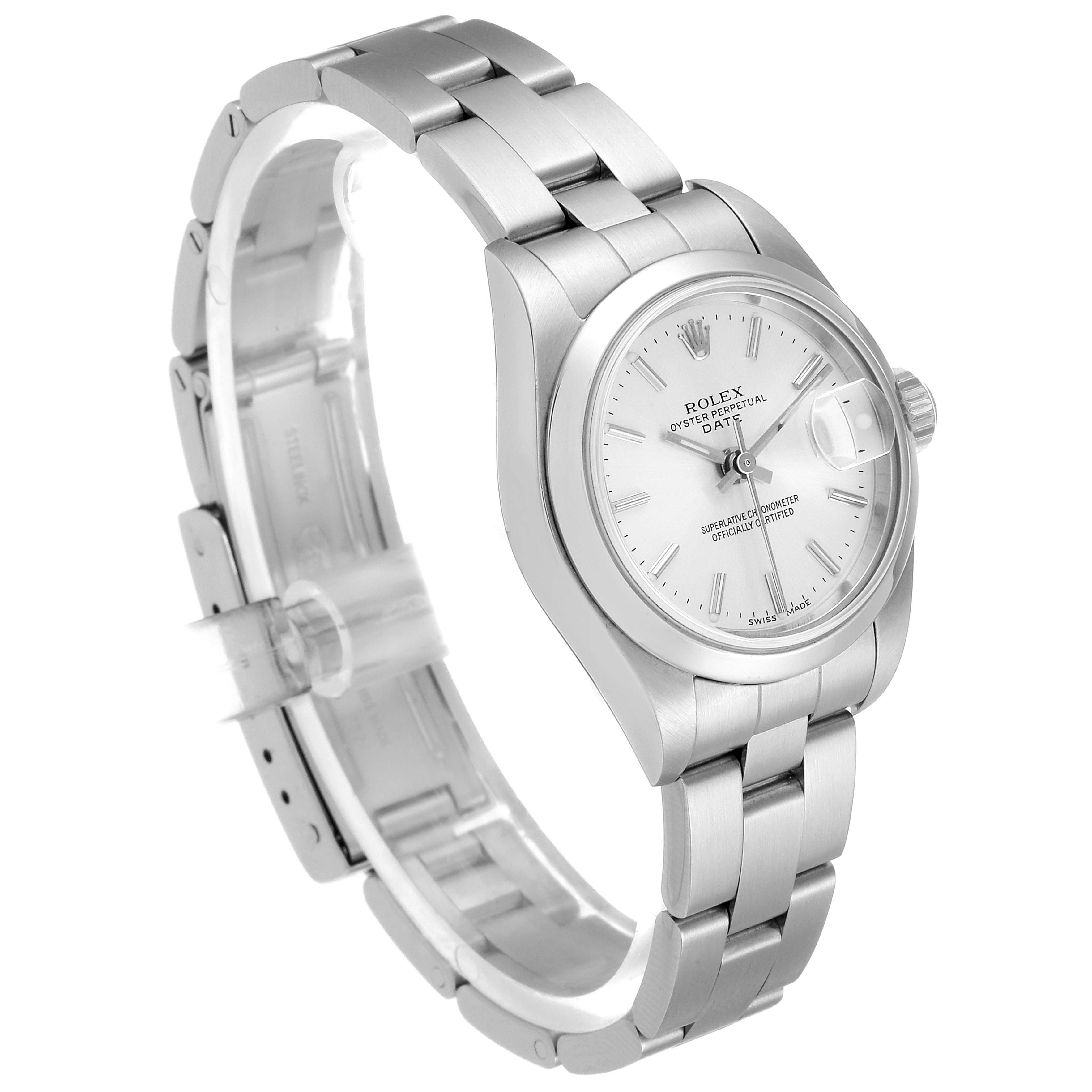 This image shows a Rolex Date 79160 Women's Stainless Steel Silver Dial 79160 Women's Stainless Steel Silver Dial model watch at a side angle, highlighting the bracelet, case, crown, and dial.