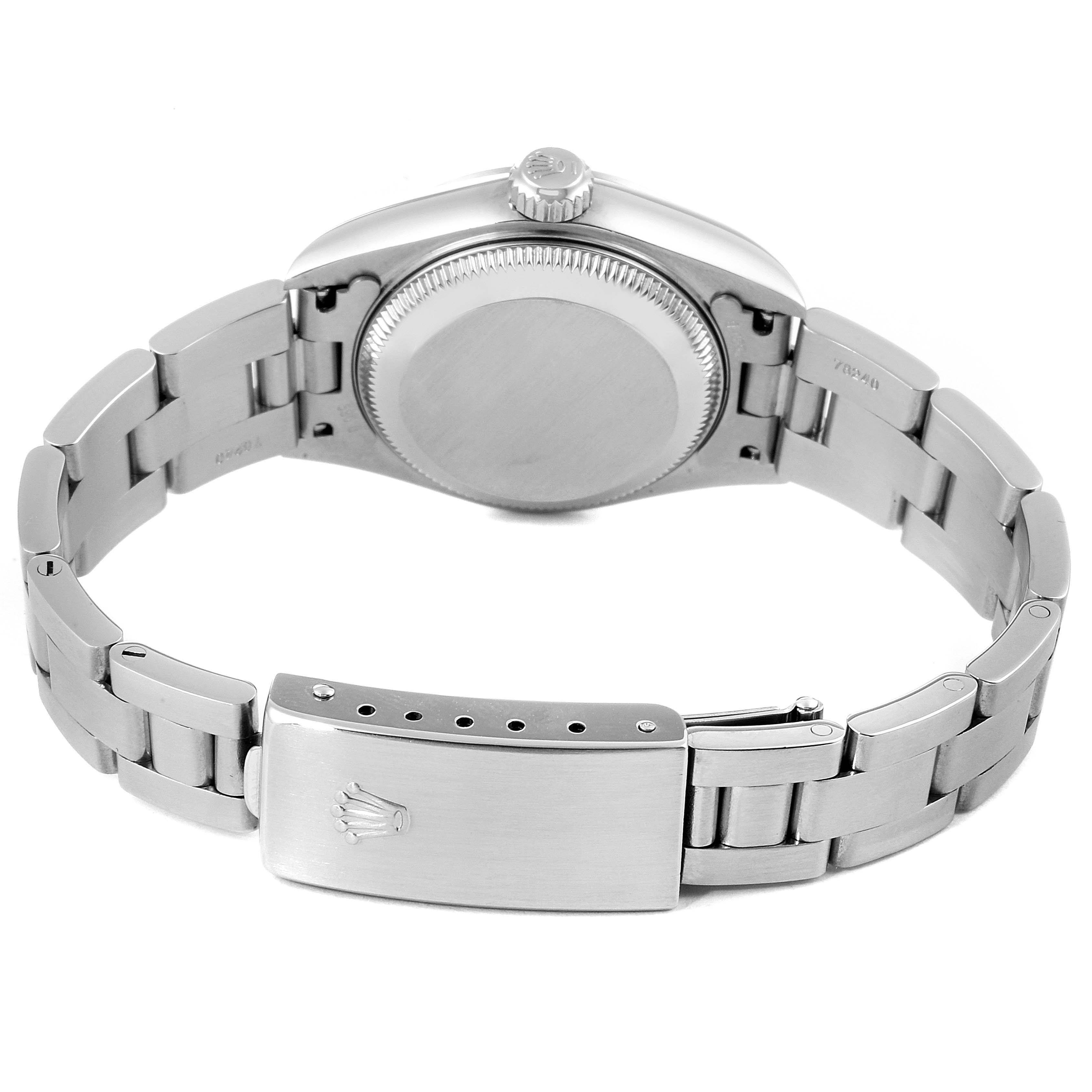 The image shows the back view of a Rolex Date 79160 Women's Stainless Steel Silver Dial 79160 Women's Stainless Steel Silver Dial model watch, highlighting the case back and clasp of the metal bracelet.