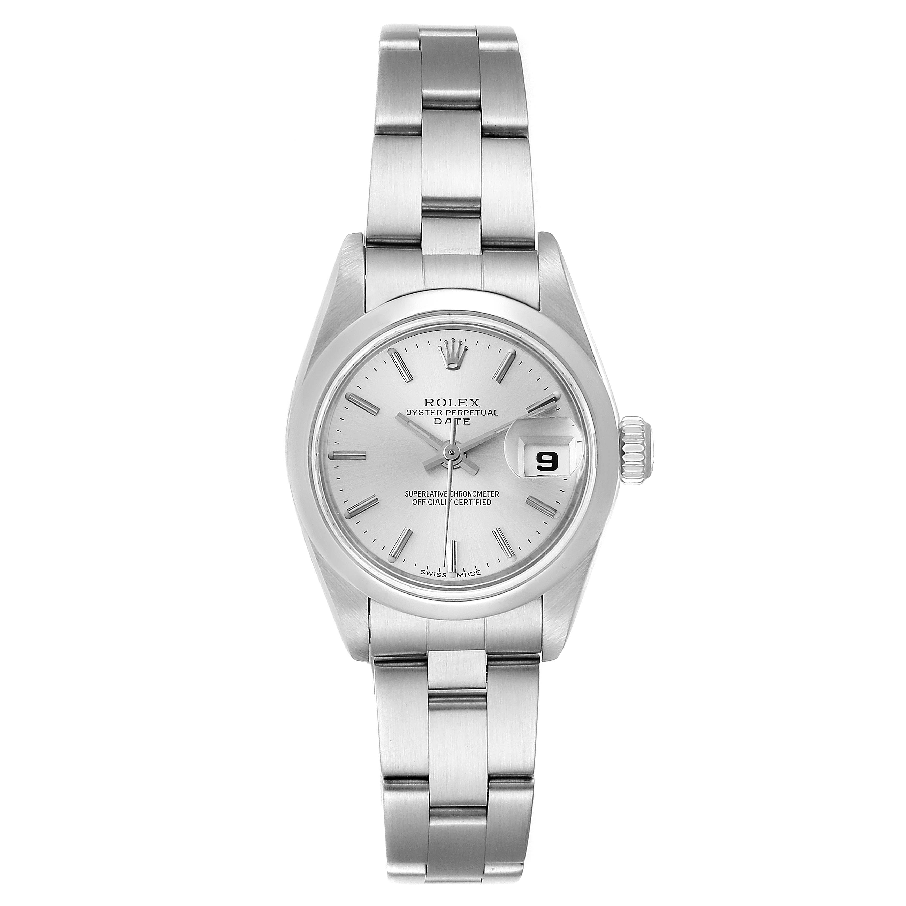 This image shows a front view of a Rolex Date 79160 Women's Stainless Steel Silver Dial 79160 Women's Stainless Steel Silver Dial model watch, highlighting its face, bracelet, and date window.