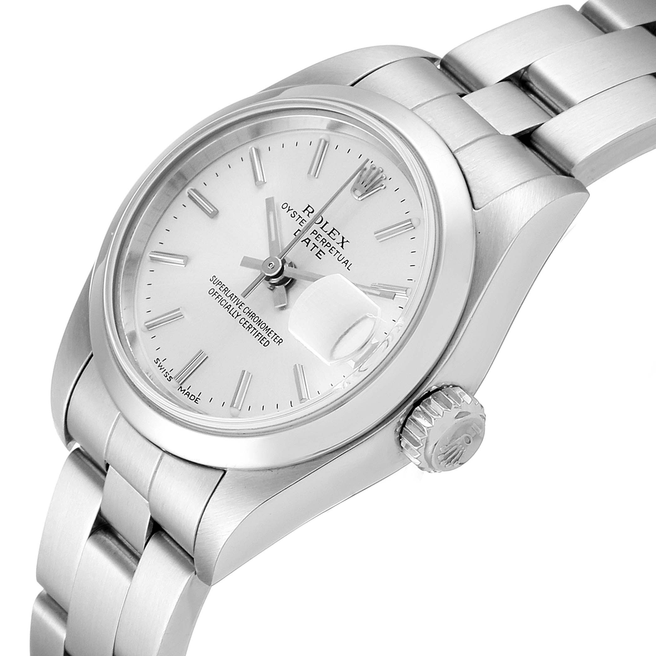 The image shows a Rolex Date 79160 Women's Stainless Steel Silver Dial 79160 Women's Stainless Steel Silver Dial watch angled to display the face, crown, and bracelet.