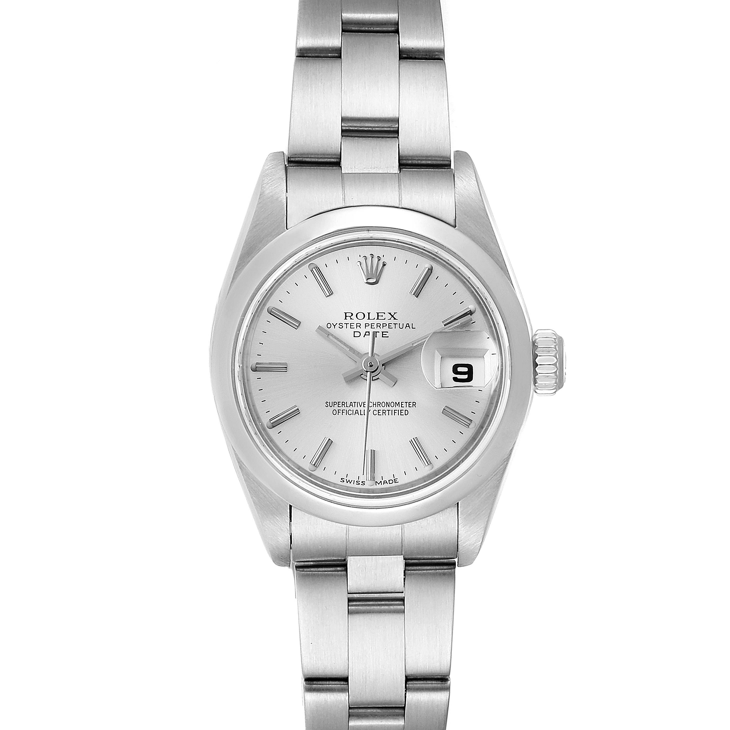 The Rolex Date 79160 Women's Stainless Steel Silver Dial 79160 Women's Stainless Steel Silver Dial model watch is shown from a straight-on angle, highlighting its dial, hands, date display, and stainless steel bracelet.