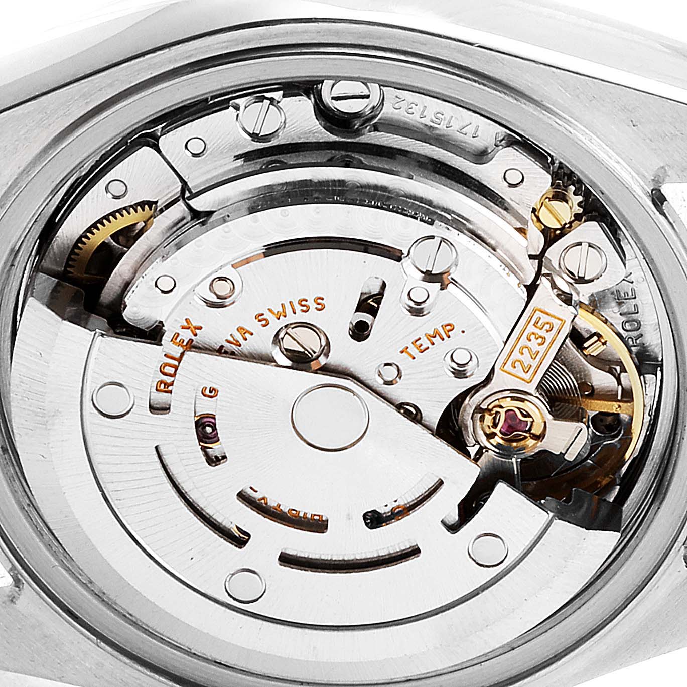 This image shows a close-up of the movement mechanism of a Rolex Date 79160 Women's Stainless Steel Silver Dial 79160 Women's Stainless Steel Silver Dial model watch.