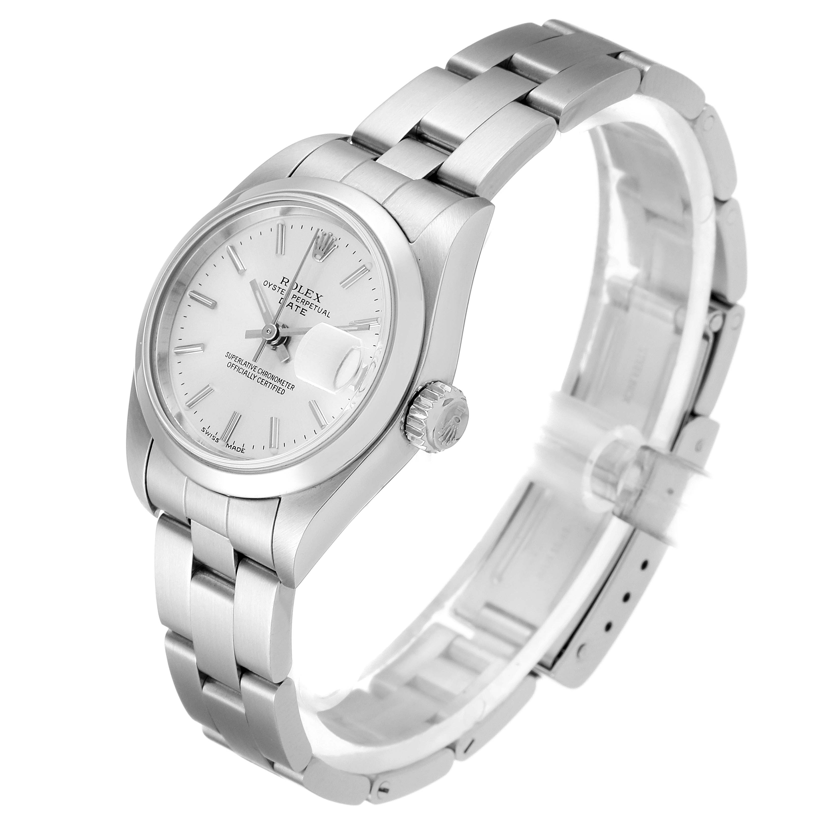 The image shows a Rolex Date 79160 Women's Stainless Steel Silver Dial 79160 Women's Stainless Steel Silver Dial model watch angled slightly from the front-left, displaying the face, bracelet, and crown.