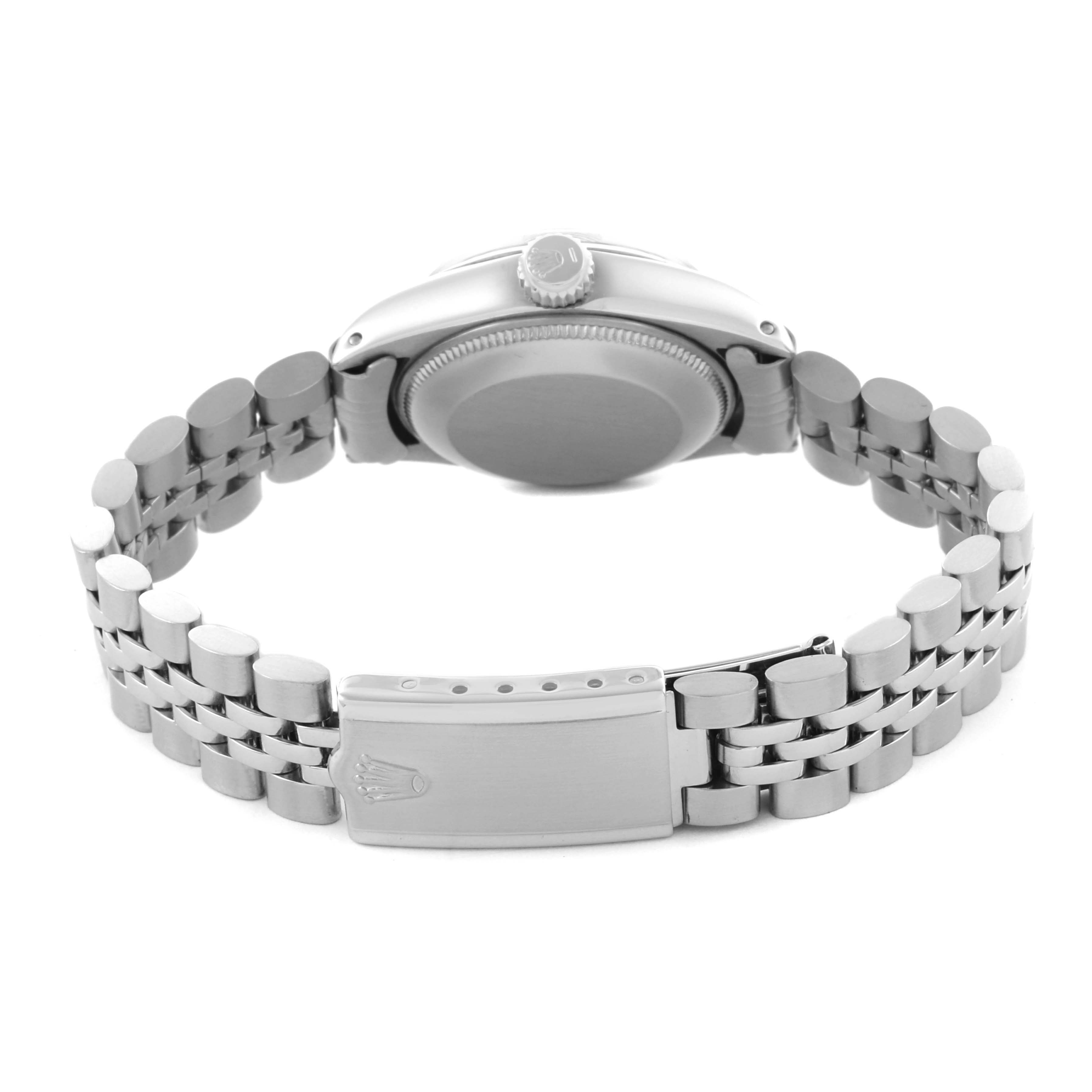 The Rolex Date 6916 Women's Stainless Steel Grey Dial 6916 Women's Stainless Steel Grey Dial watch is shown from the back, displaying the case back, bracelet, and clasp.