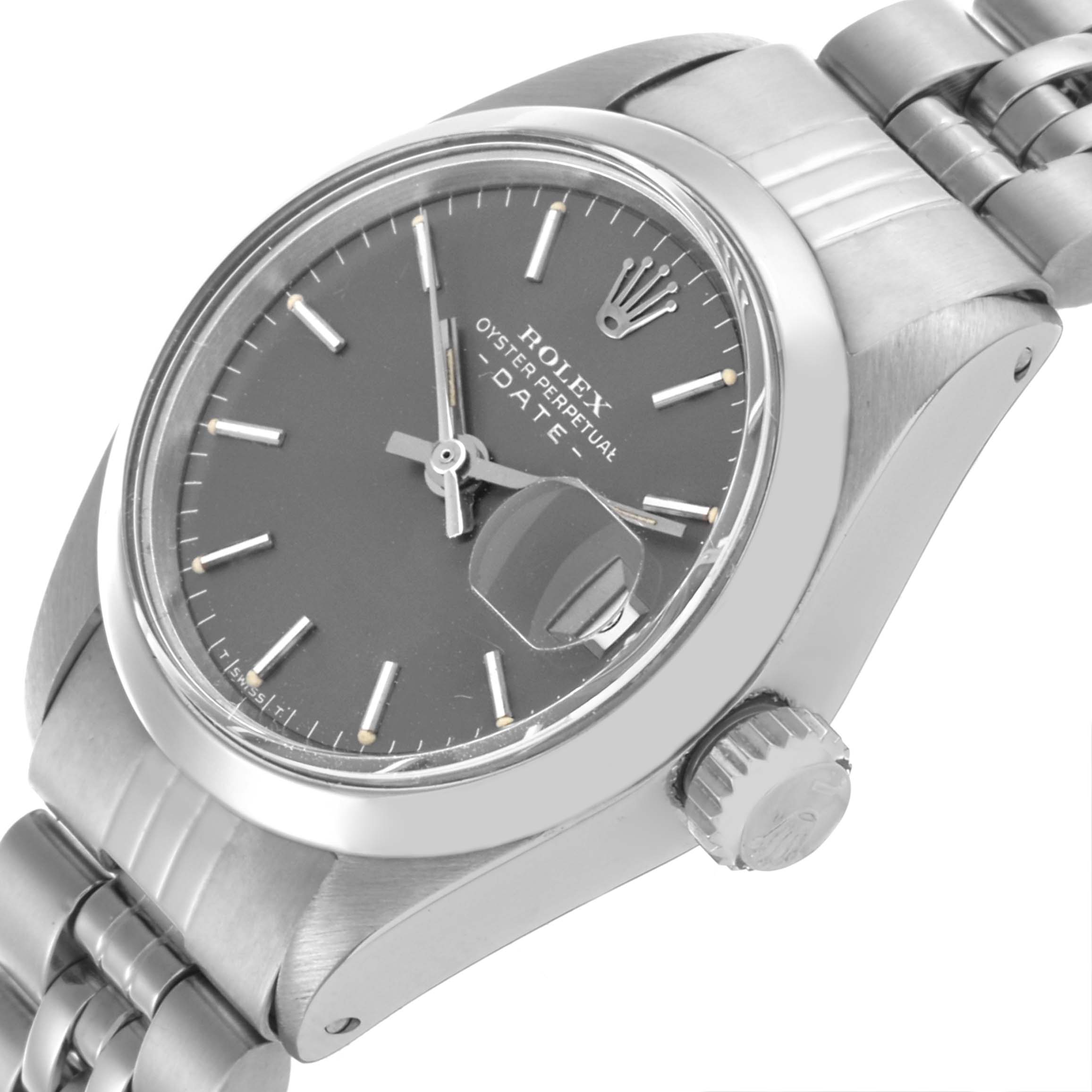 The image shows a Rolex Date 6916 Women's Stainless Steel Grey Dial 6916 Women's Stainless Steel Grey Dial watch from a 3/4 angle, highlighting the dial, crown, case, and part of the bracelet.