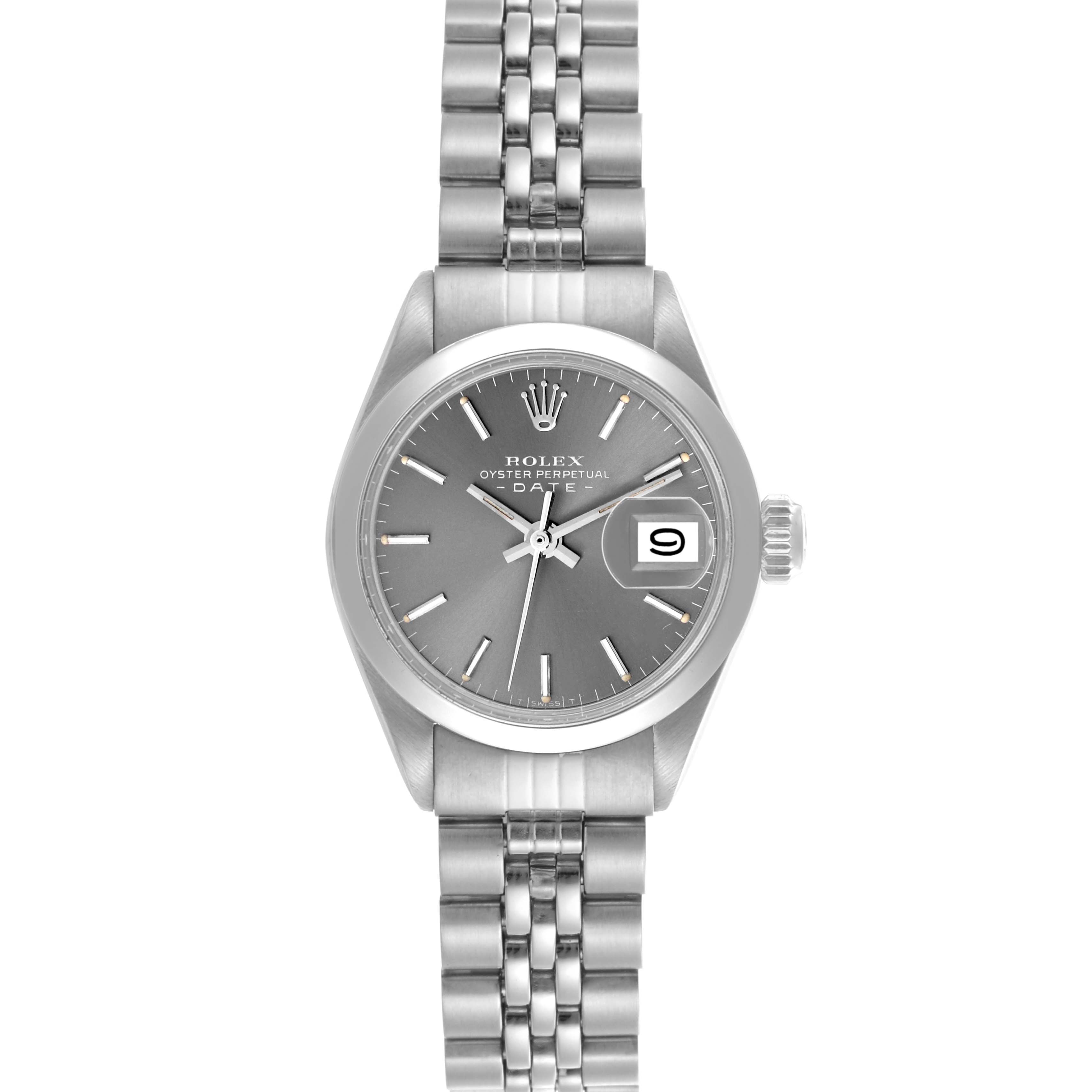 The Rolex Date 6916 Women's Stainless Steel Grey Dial 6916 Women's Stainless Steel Grey Dial watch is shown in a front view, highlighting the dial, bezel, bracelet, crown, and date window.