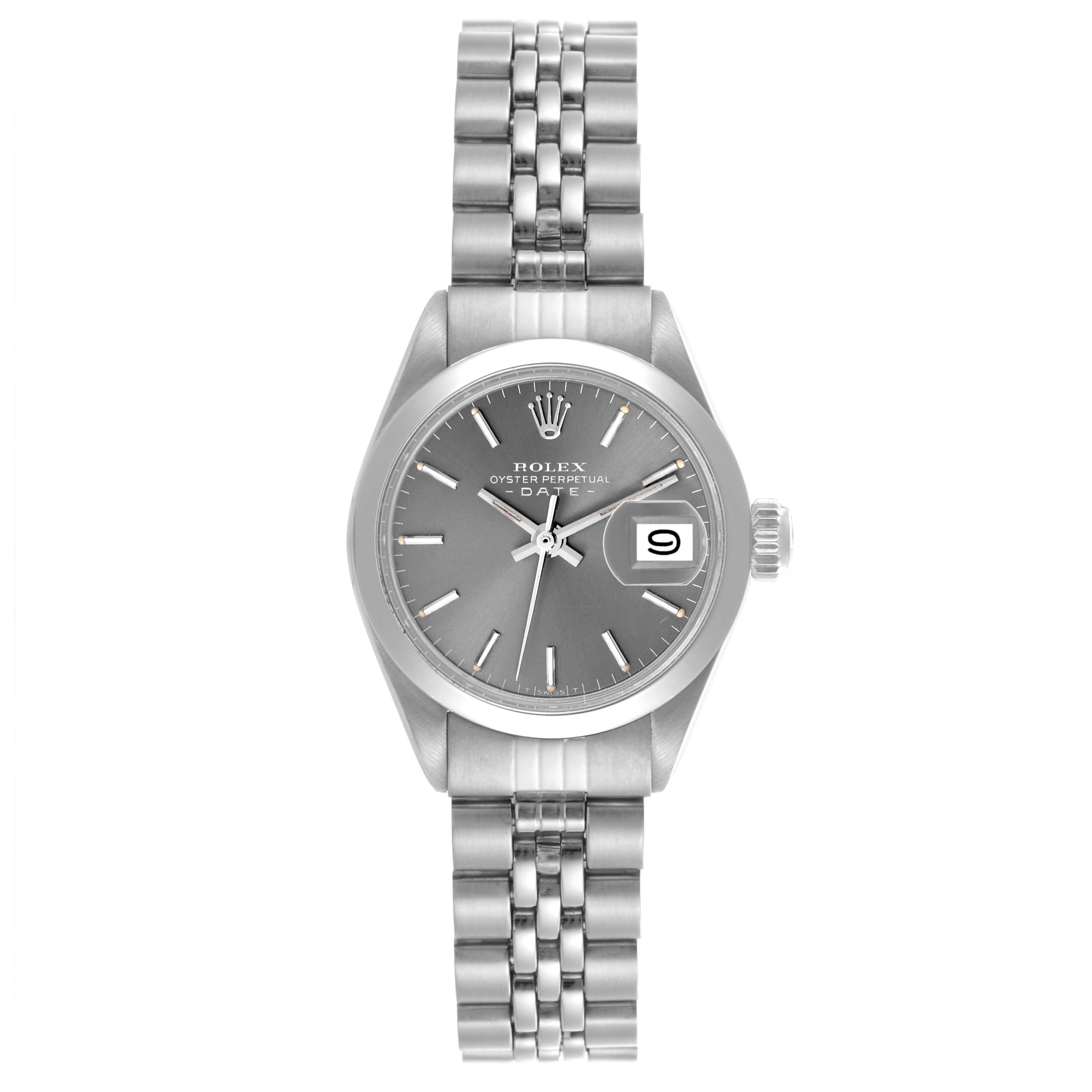 The Rolex Date 6916 Women's Stainless Steel Grey Dial 6916 Women's Stainless Steel Grey Dial model watch is shown from a top-down angle, displaying the full face, bracelet, and case.