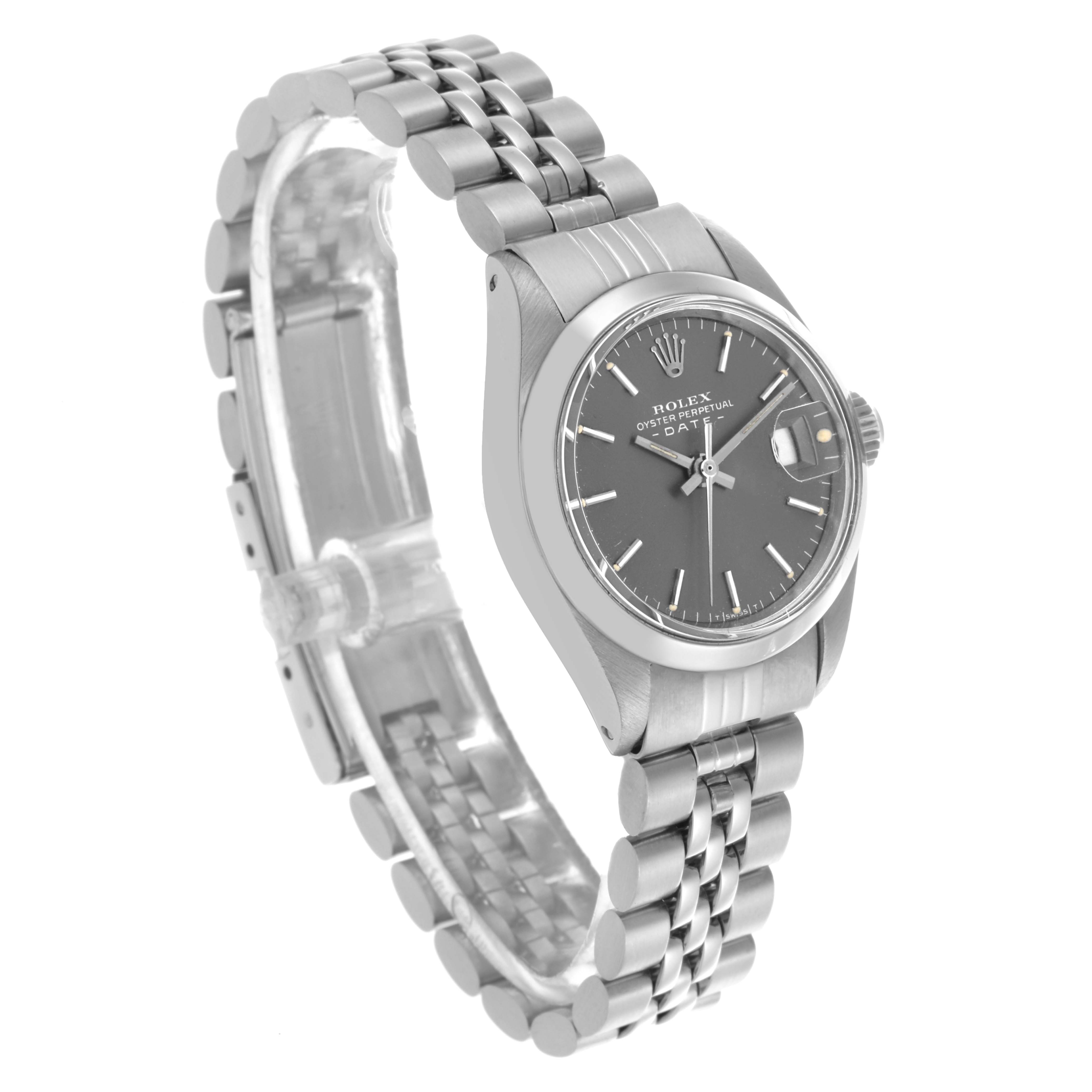 The Rolex Date 6916 Women's Stainless Steel Grey Dial 6916 Women's Stainless Steel Grey Dial watch is shown at a three-quarter angle, highlighting the dial, bracelet, and case.