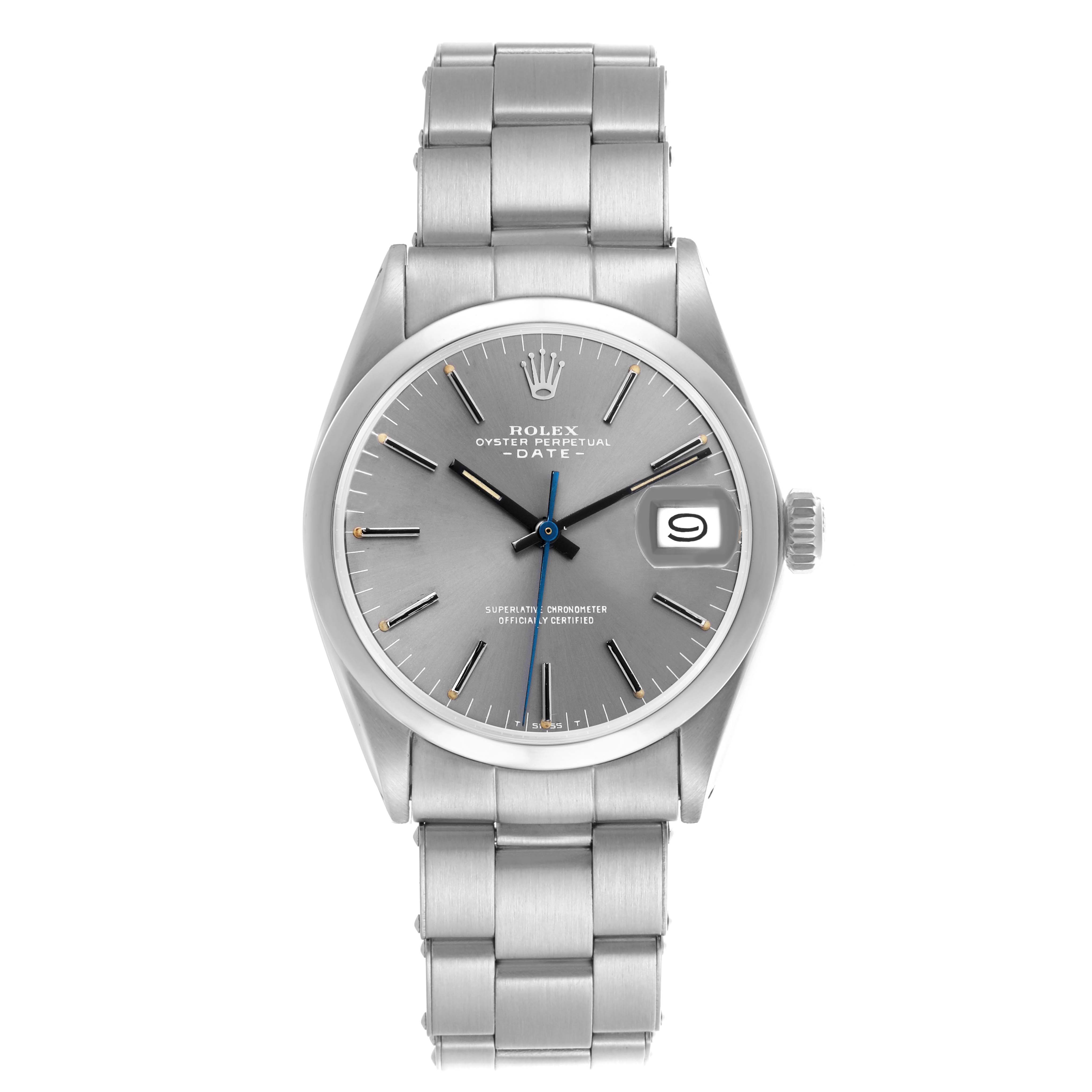 The Rolex Date 1500 Men's Stainless Steel Grey Dial 1500 Men's Stainless Steel Grey Dial model watch is shown from a front angle, highlighting the dial, date window, crown, and bracelet.