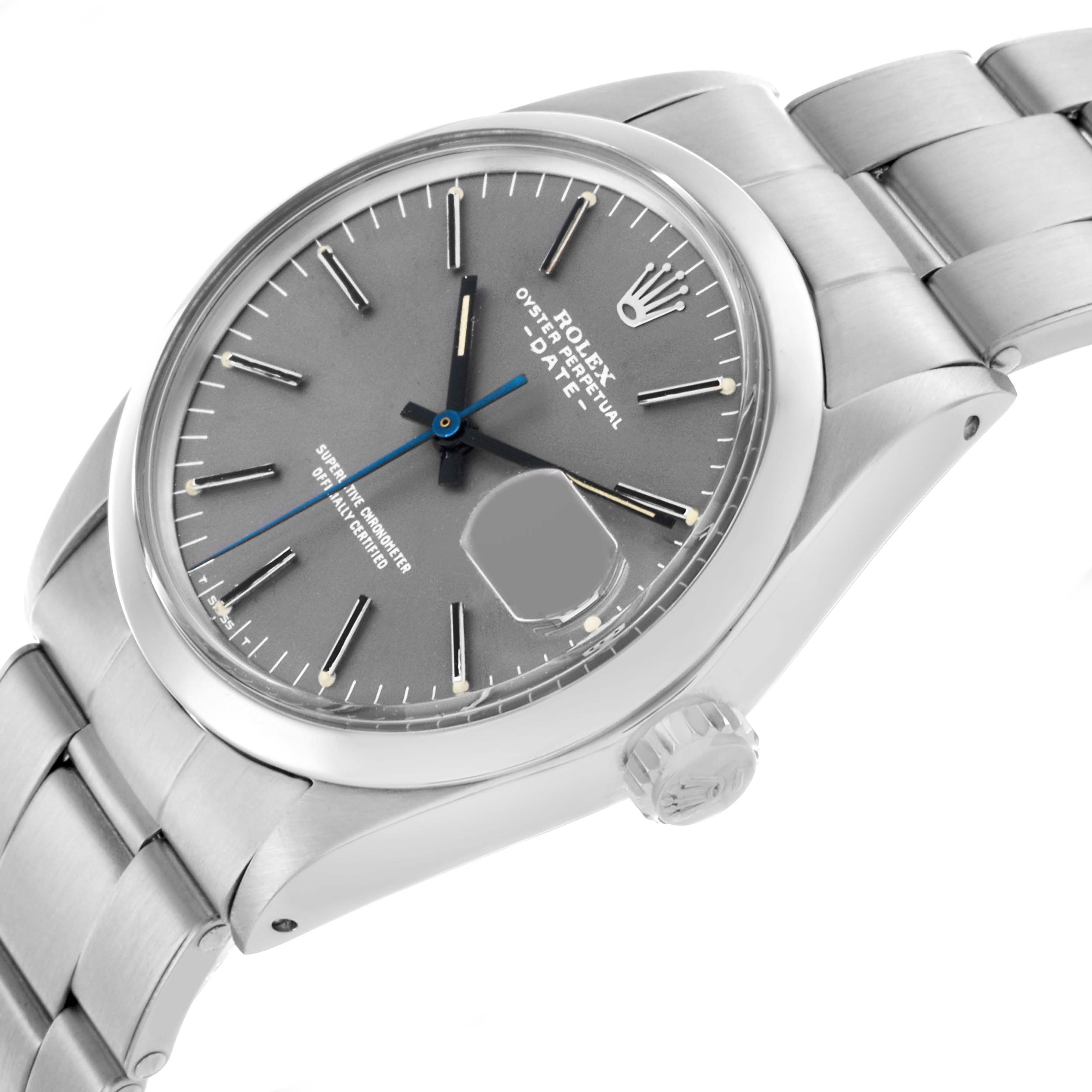 The Rolex Date 1500 Men's Stainless Steel Grey Dial 1500 Men's Stainless Steel Grey Dial watch is shown at a three-quarter angle highlighting the dial, crown, and stainless steel bracelet.