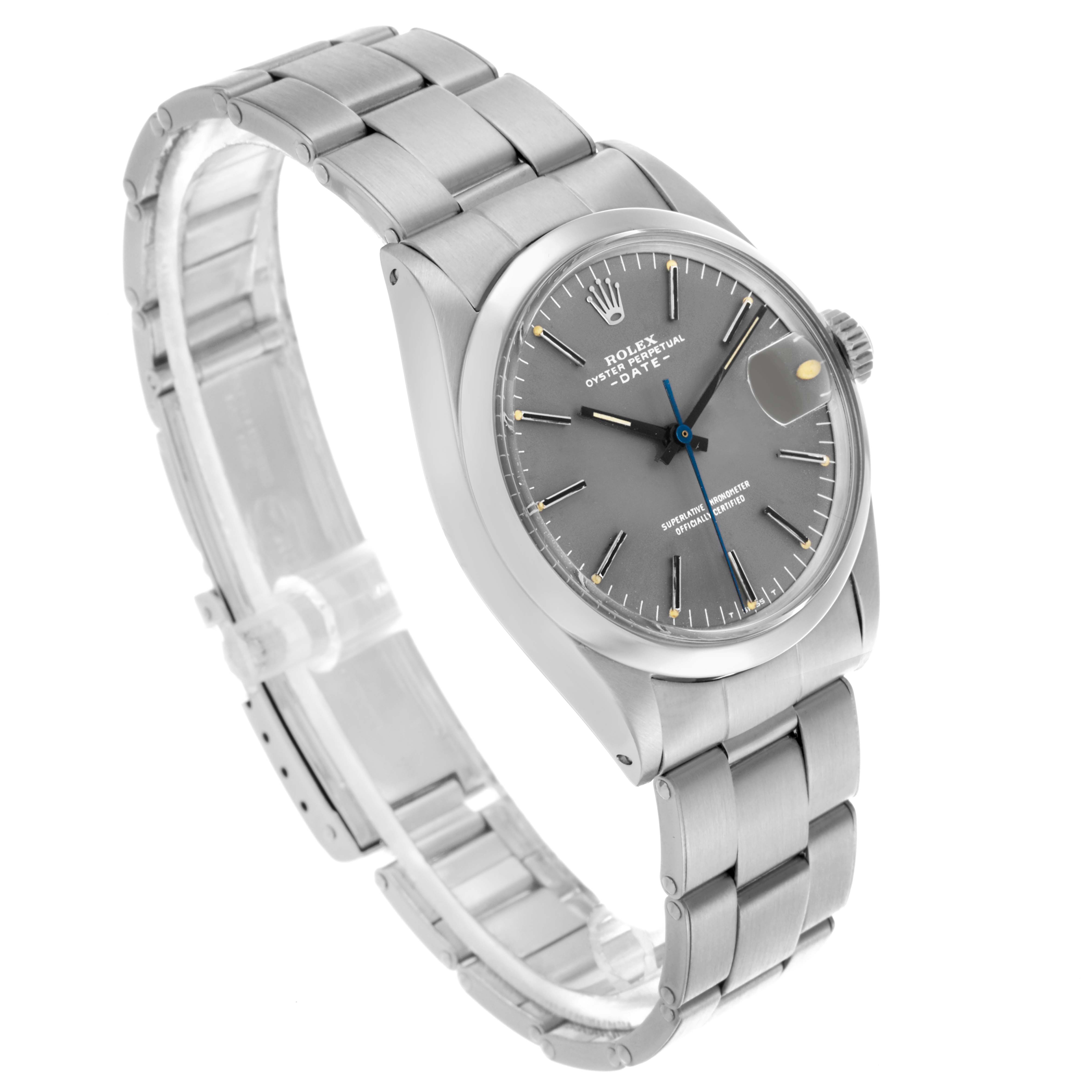 The Rolex Date 1500 Men's Stainless Steel Grey Dial 1500 Men's Stainless Steel Grey Dial watch is shown at a three-quarter angle, displaying the dial, bezel, bracelet, and crown.