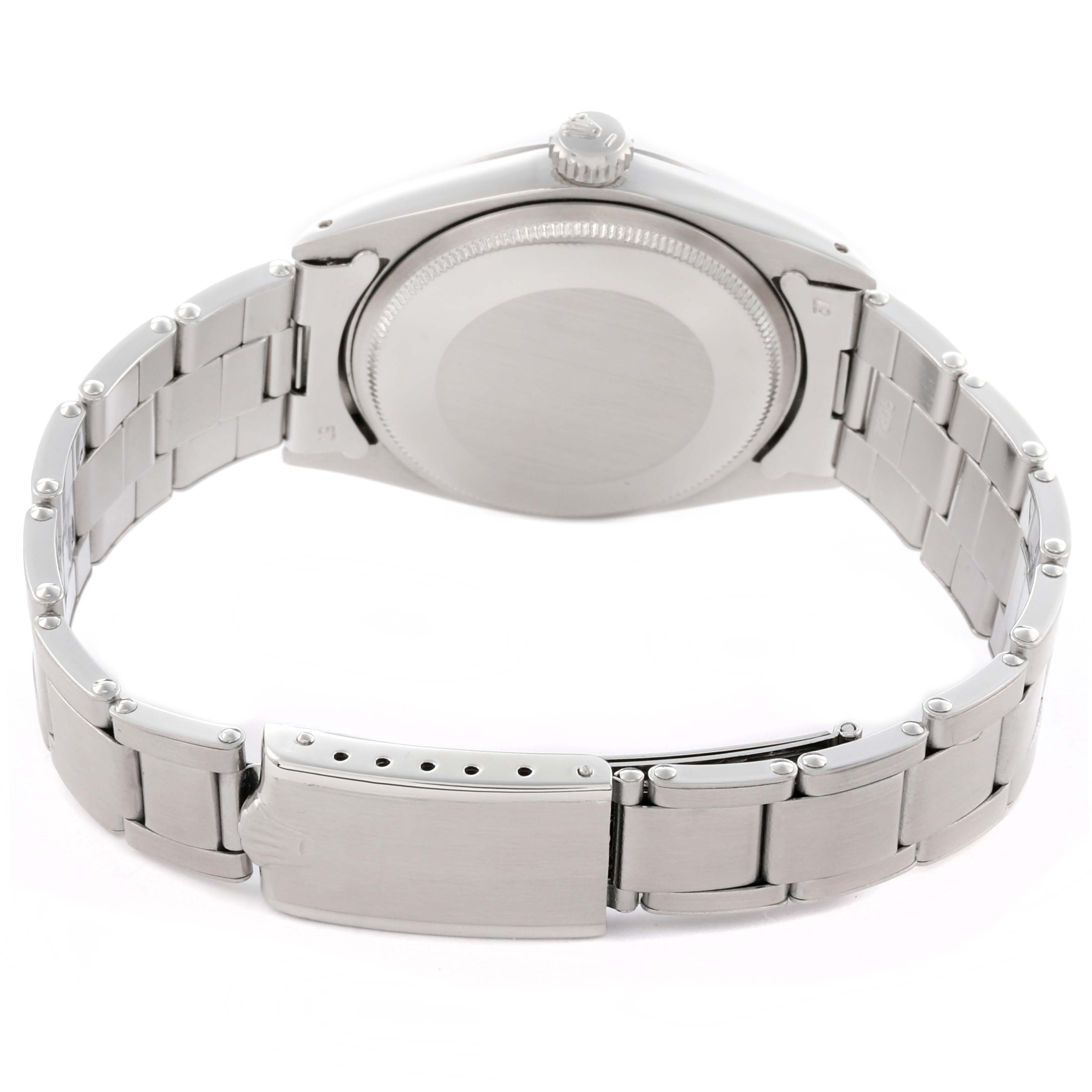 The image shows the back and bracelet of a Rolex Date 1500 Men's Stainless Steel Grey Dial 1500 Men's Stainless Steel Grey Dial model watch from a rear angle.