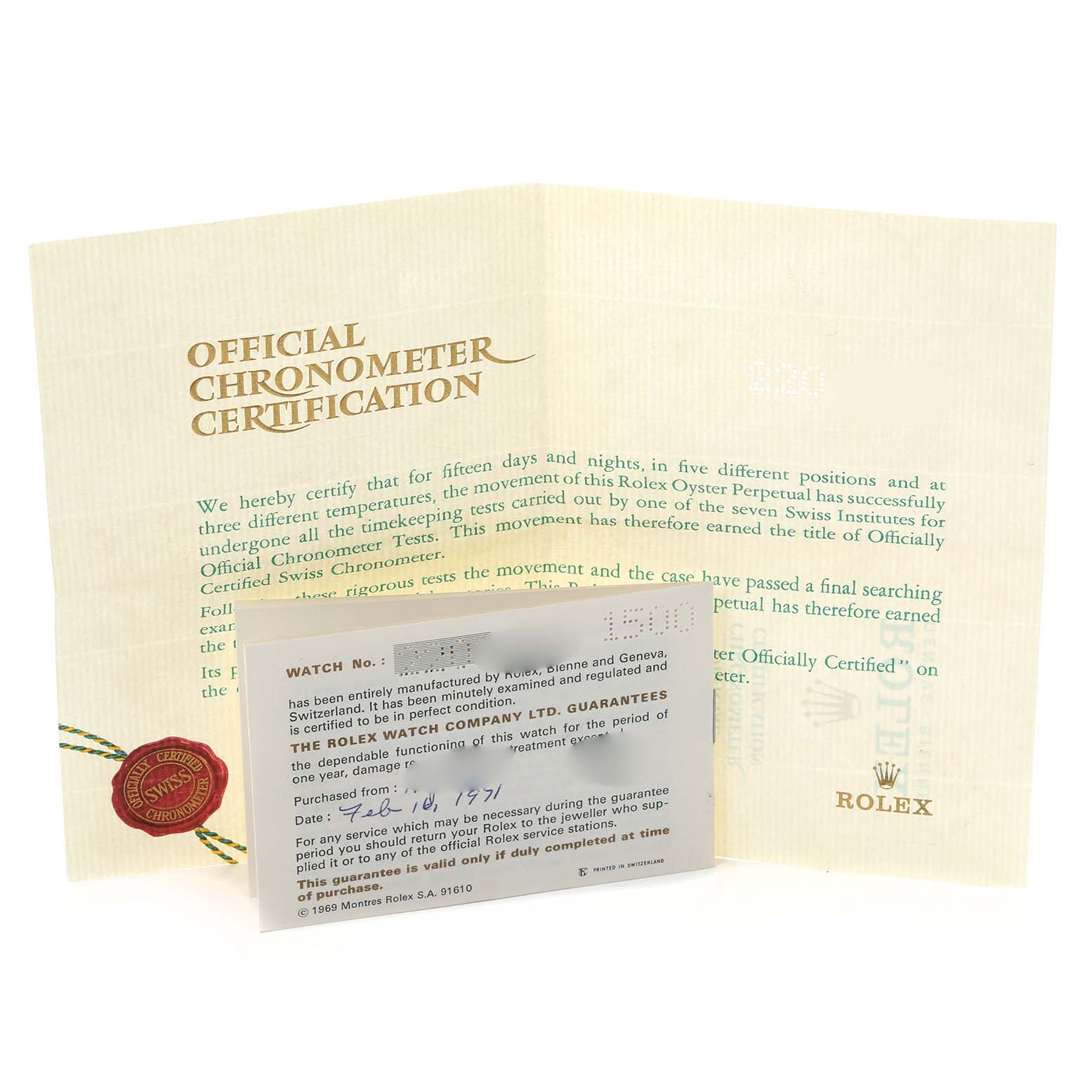 The image shows the official chronometer certification and guarantee card for a Rolex Date 1500 Men's Stainless Steel Grey Dial 1500 Men's Stainless Steel Grey Dial model watch.