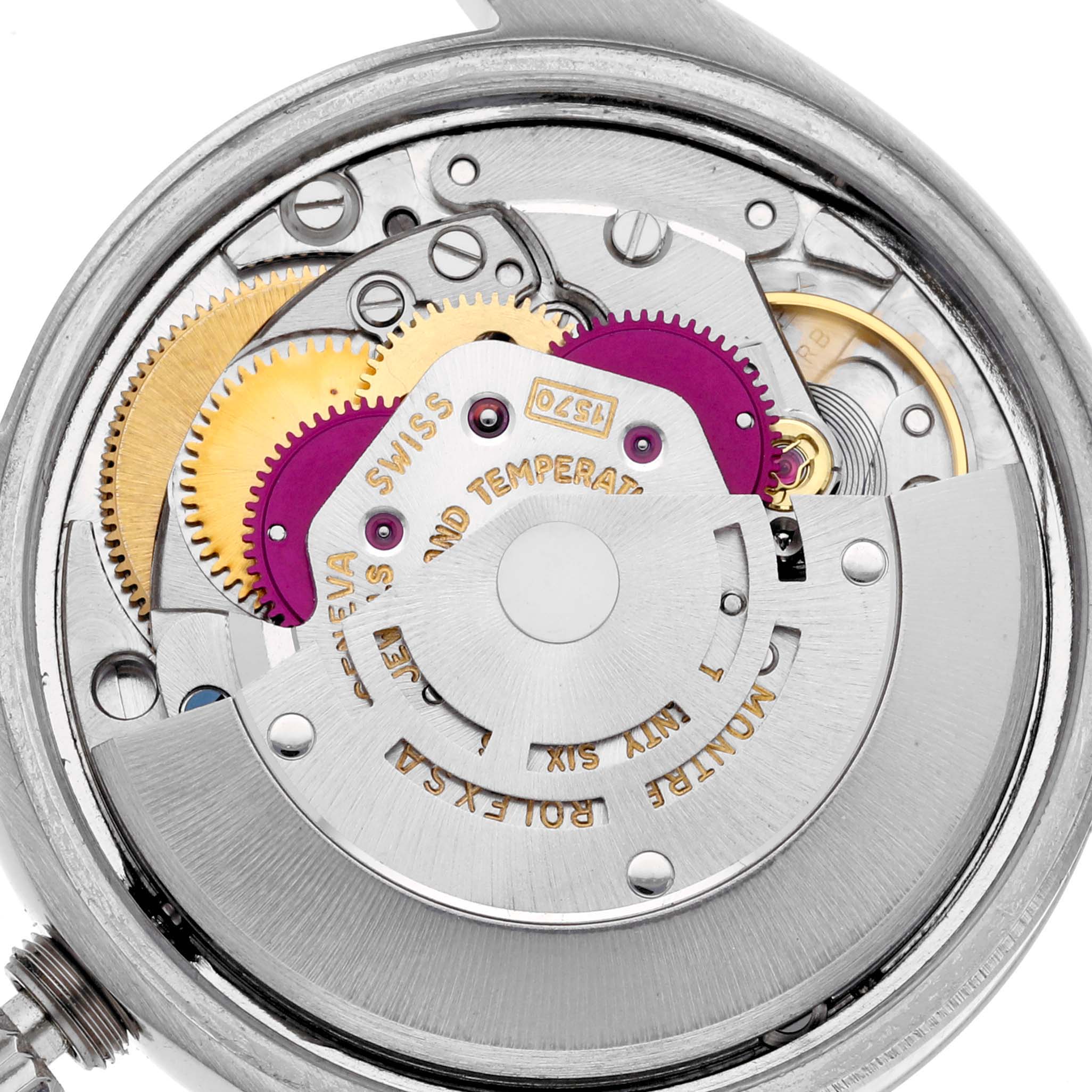 The image shows the internal mechanism of a Rolex Date 1500 Men's Stainless Steel Grey Dial 1500 Men's Stainless Steel Grey Dial watch, displaying gears and movement components from the back.