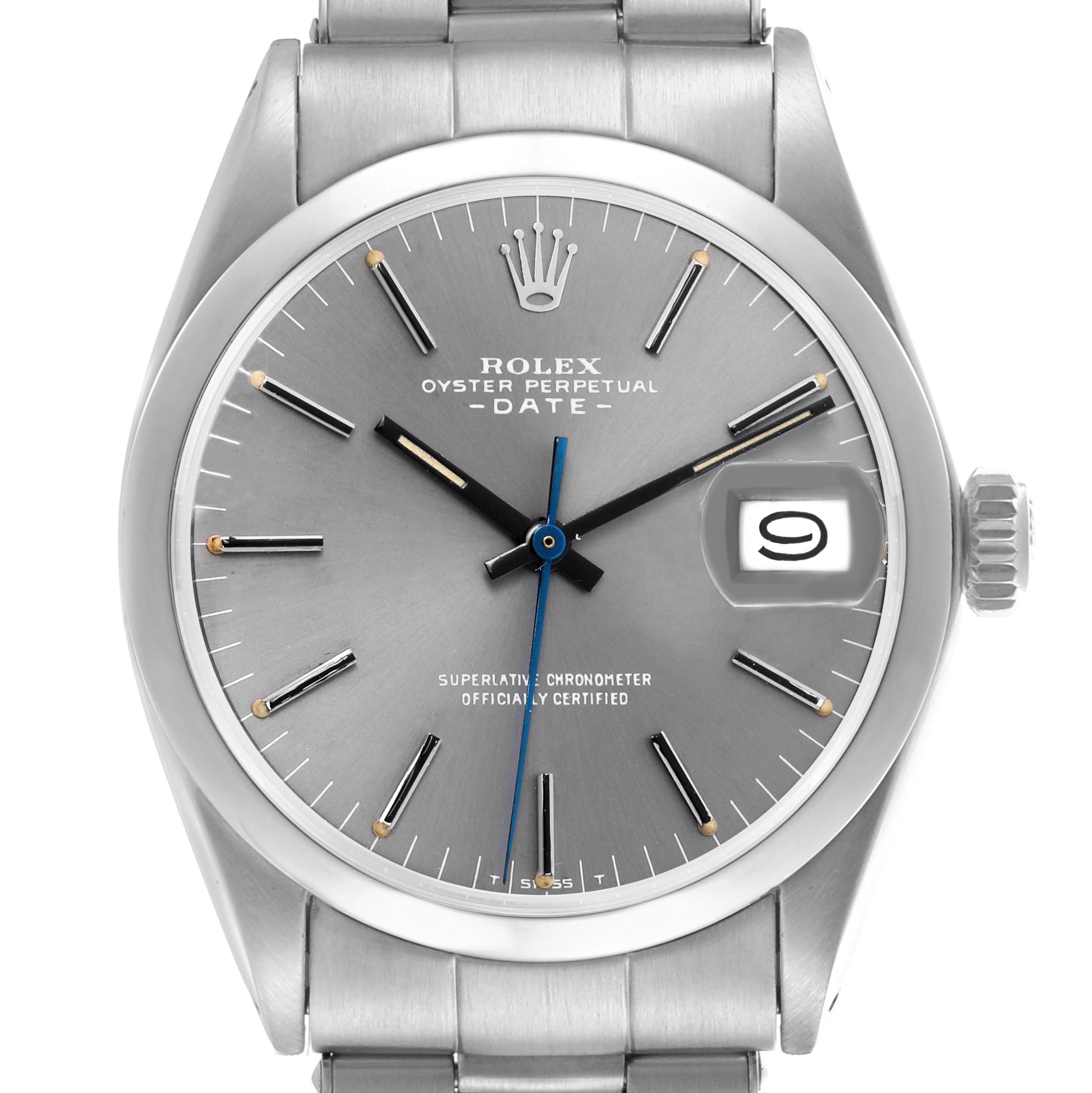 This image shows a front angle of the Rolex Date 1500 Men's Stainless Steel Grey Dial 1500 Men's Stainless Steel Grey Dial model, highlighting the dial, hour markers, hands, and date window.