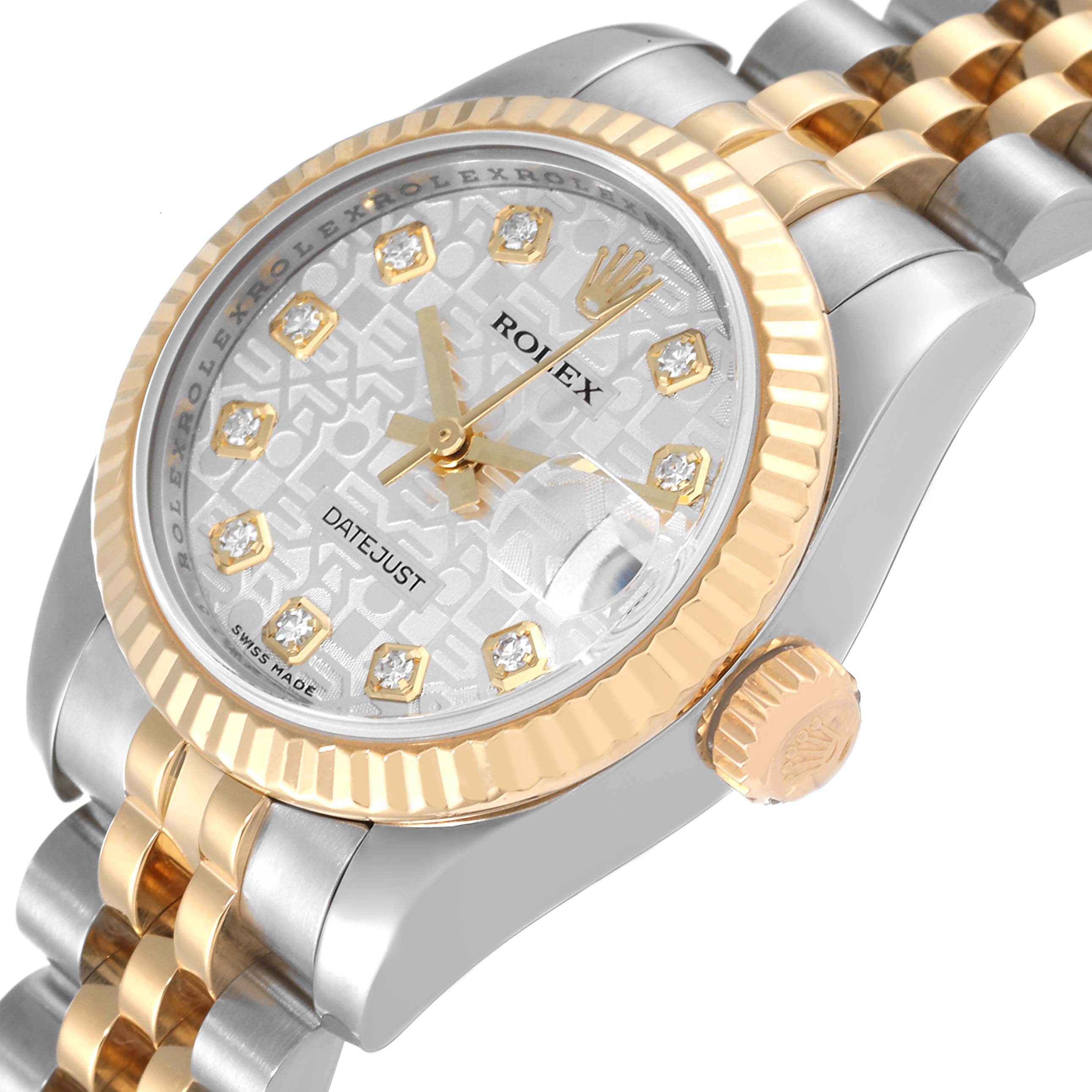 The image shows a close-up angled view of the Rolex Datejust 179173 Women's Steel and Gold (two tone) Silver Dial 179173 Women's Steel and Gold (two tone) Silver Dial watch, highlighting its face, bezel, crown, and part of the bracelet.