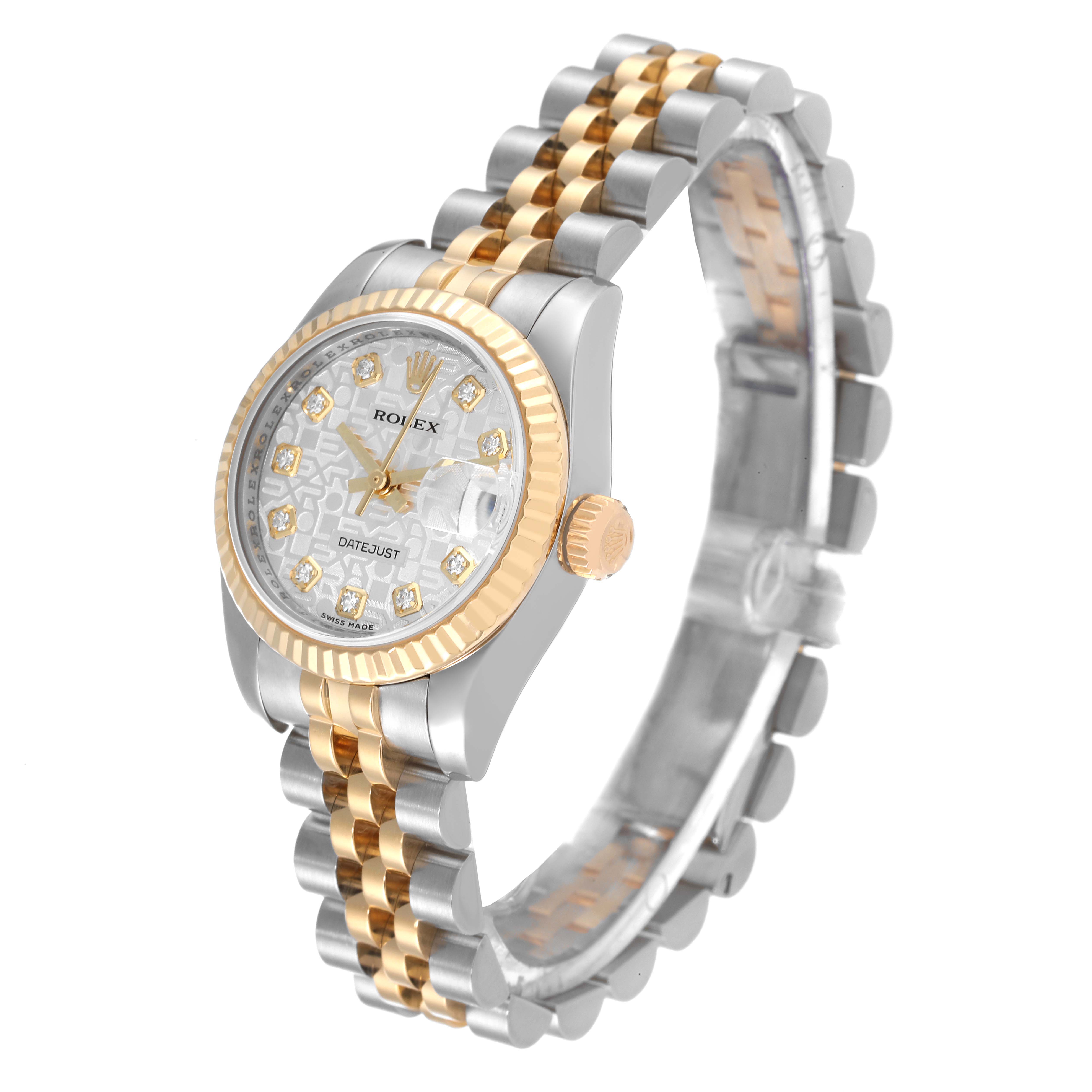 This image shows a Rolex Datejust 179173 Women's Steel and Gold (two tone) Silver Dial 179173 Women's Steel and Gold (two tone) Silver Dial watch from a 3/4 angle, highlighting the bezel, face, crown, and two-tone bracelet.