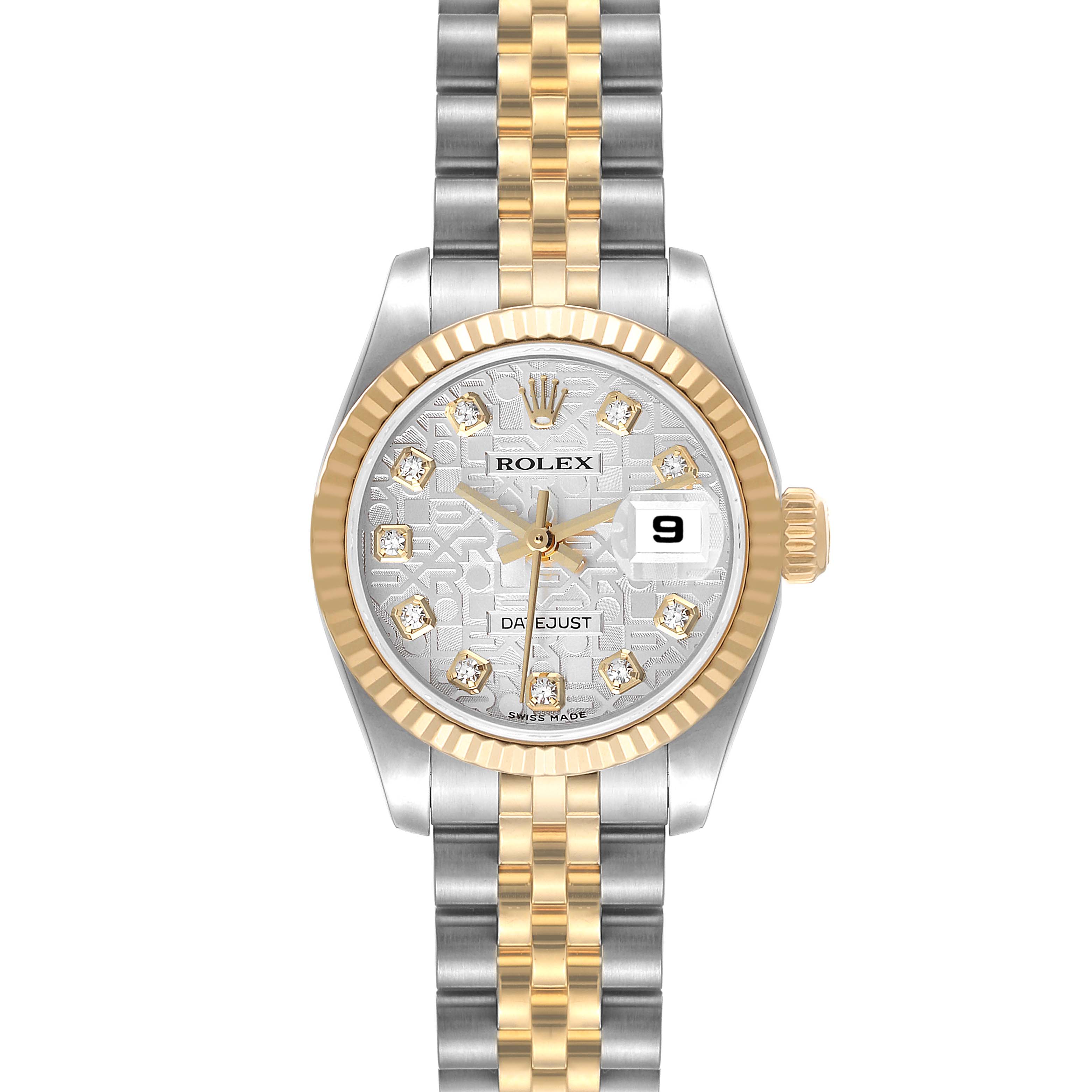 This Rolex Datejust 179173 Women's Steel and Gold (two tone) Silver Dial 179173 Women's Steel and Gold (two tone) Silver Dial watch is shown from a front view, displaying the dial, bezel, crown, and bracelet.