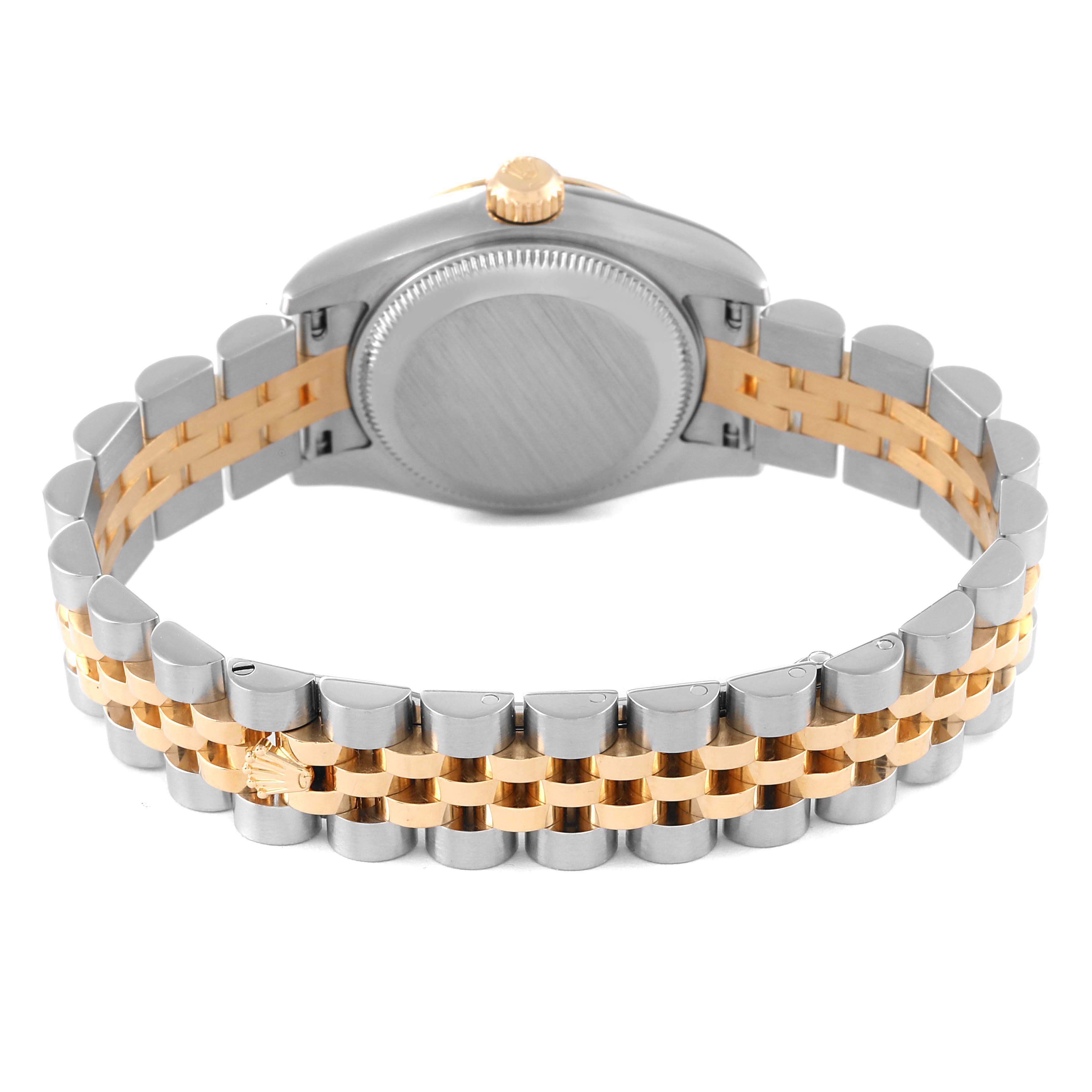 This image shows the back and bracelet of a Rolex Datejust 179173 Women's Steel and Gold (two tone) Silver Dial 179173 Women's Steel and Gold (two tone) Silver Dial watch in a two-tone design.
