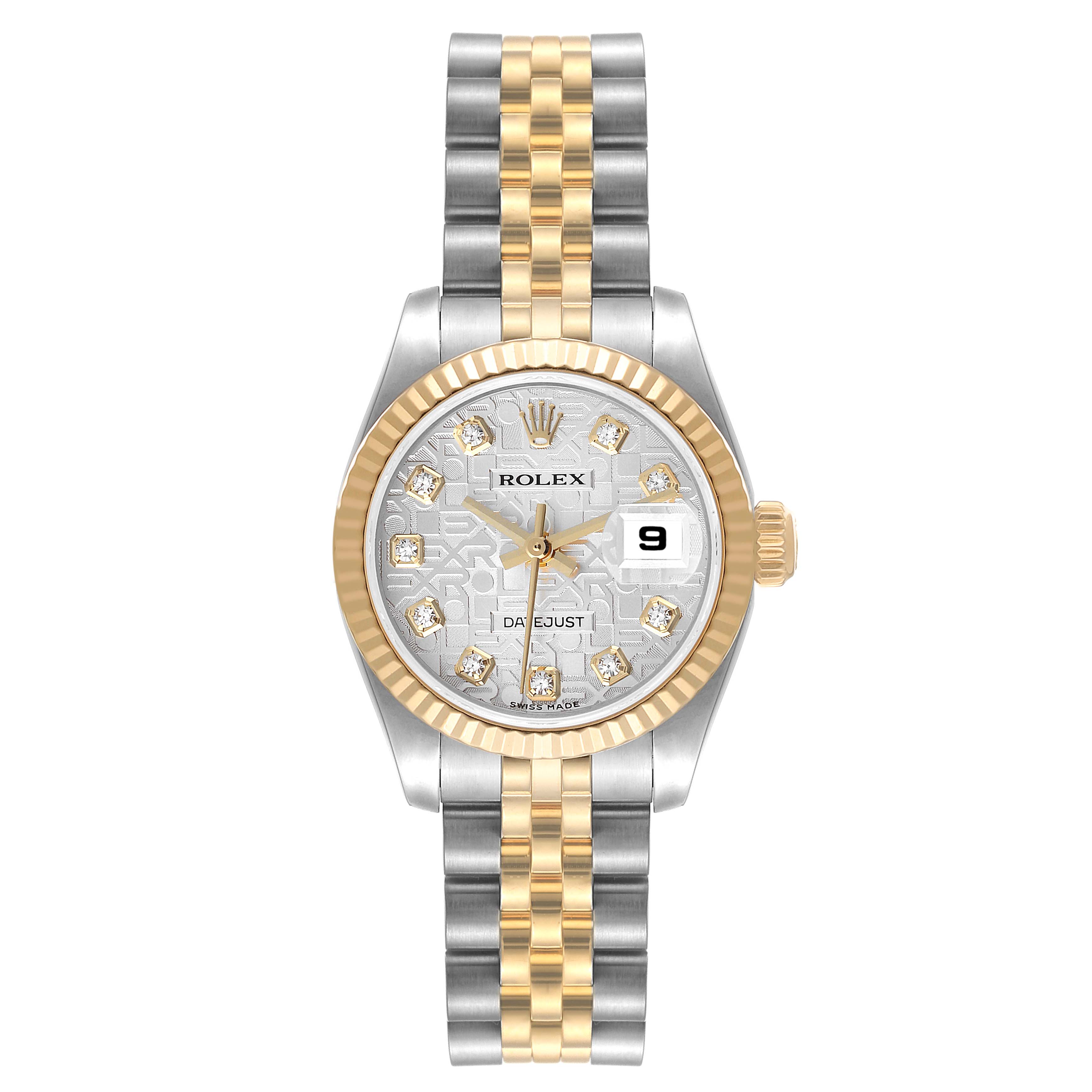 The image shows a frontal view of a Rolex Datejust 179173 Women's Steel and Gold (two tone) Silver Dial 179173 Women's Steel and Gold (two tone) Silver Dial watch with a two-tone bracelet, a gold fluted bezel, and diamond hour markers.