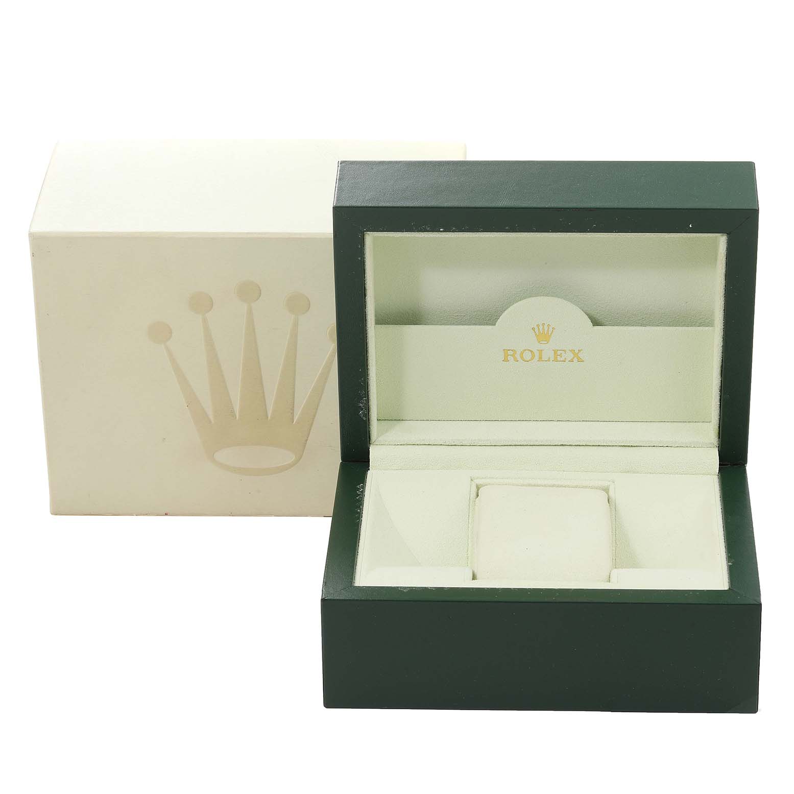 The image shows an opened green Rolex Datejust 179173 Women's Steel and Gold (two tone) Silver Dial 179173 Women's Steel and Gold (two tone) Silver Dial watch box with a cushion, along with an outer packaging box displaying the Rolex logo.