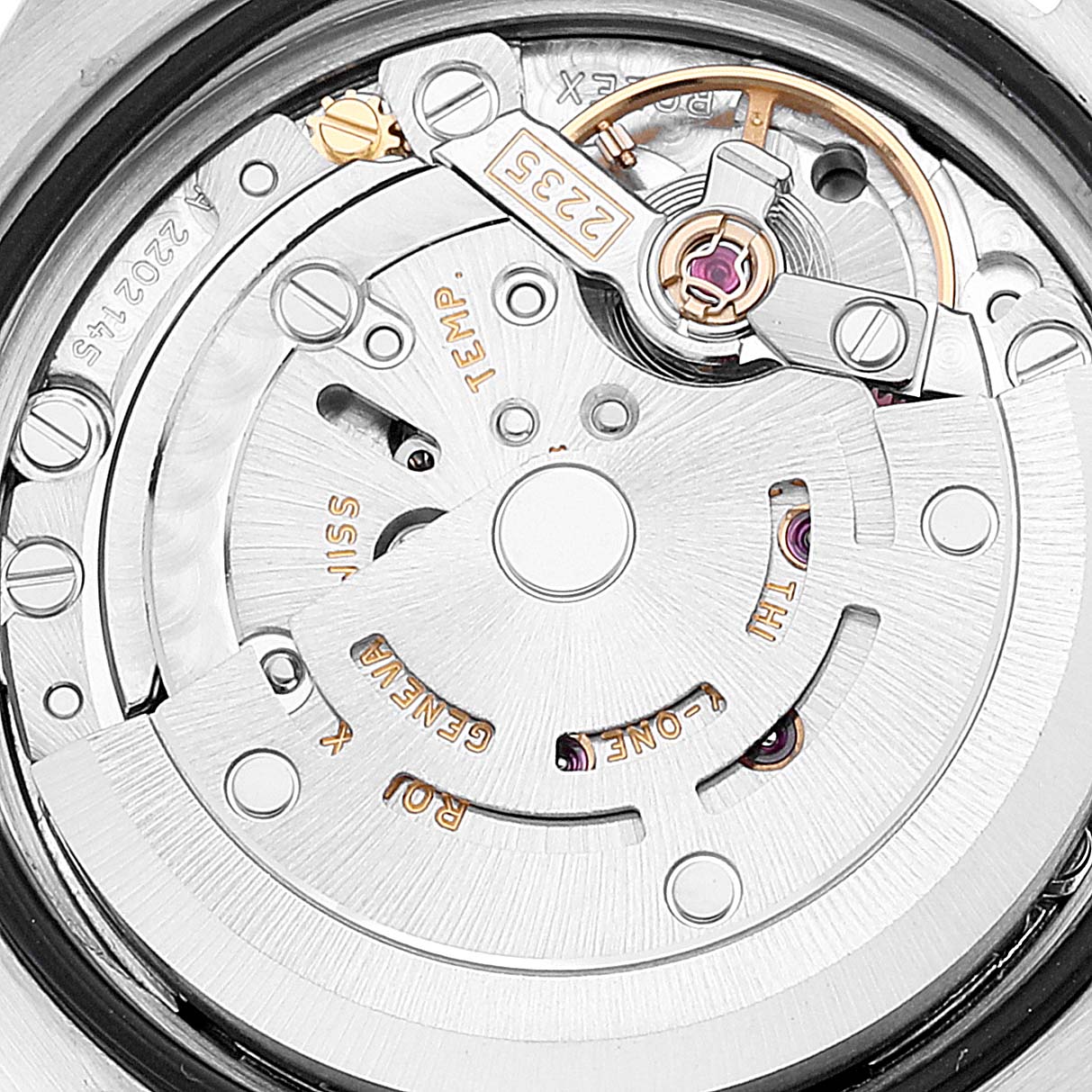 This image shows the internal mechanism of a Rolex Datejust 179173 Women's Steel and Gold (two tone) Silver Dial 179173 Women's Steel and Gold (two tone) Silver Dial watch at a macro angle.