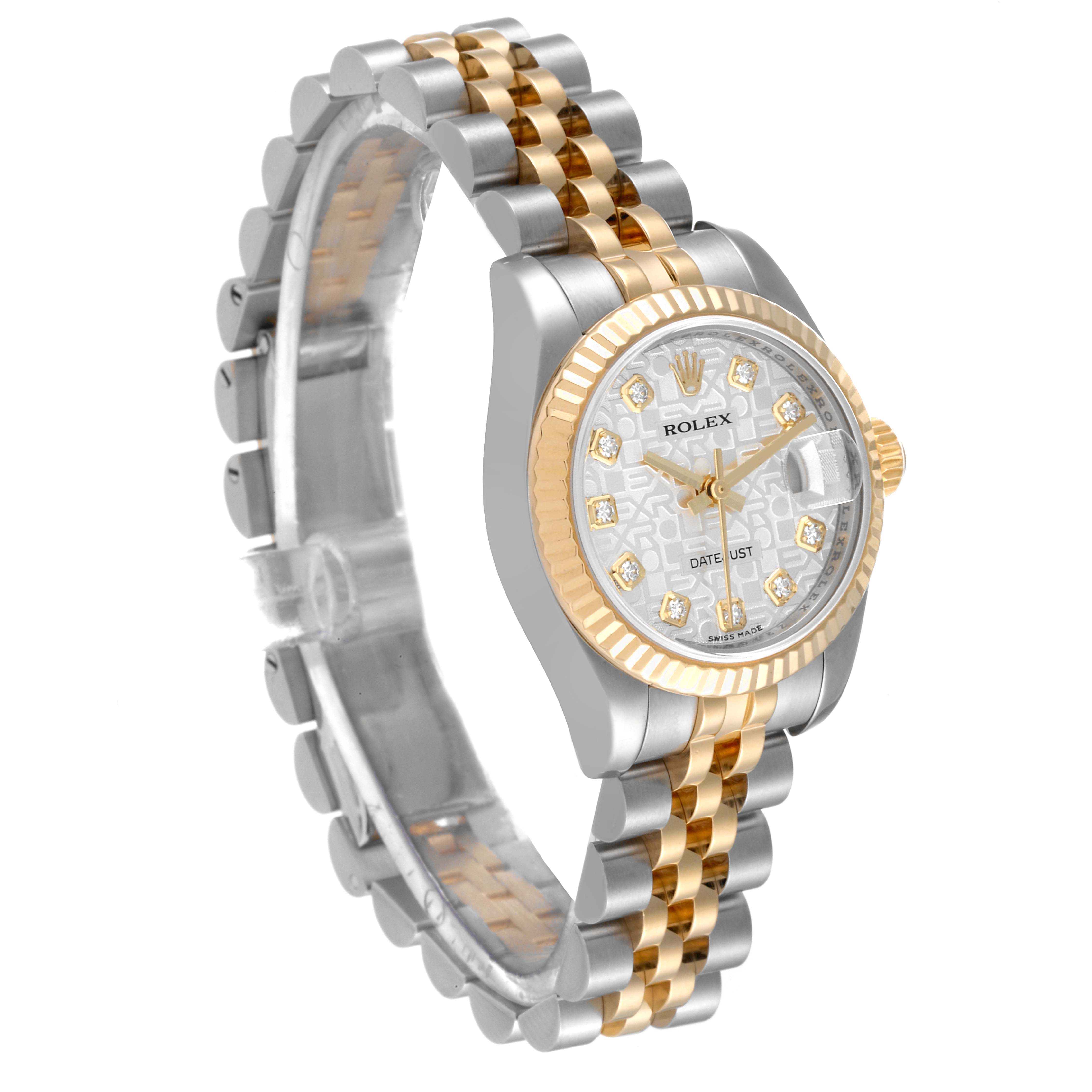 The image shows a Rolex Datejust 179173 Women's Steel and Gold (two tone) Silver Dial 179173 Women's Steel and Gold (two tone) Silver Dial watch at a 3/4 angle, highlighting the two-tone bracelet, bezel, and diamond markers on the face.