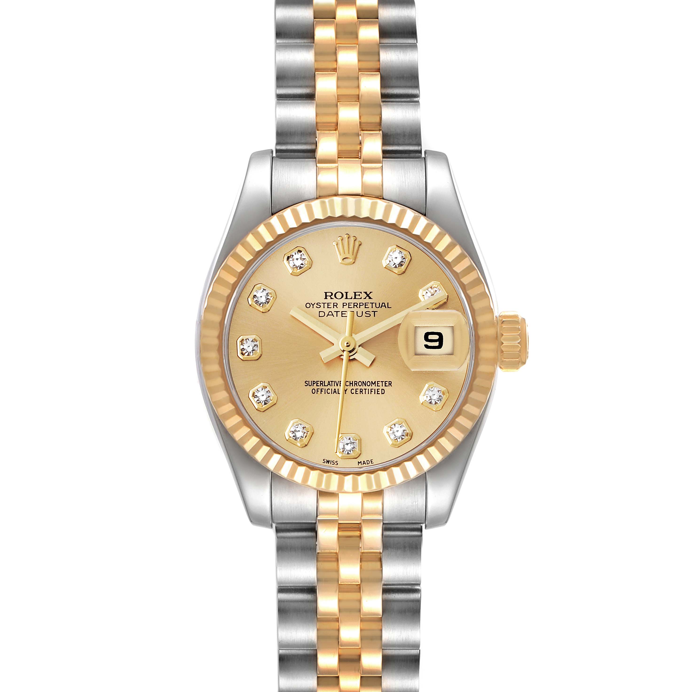 The image shows a front view of a Rolex Datejust 179173 Women's Steel and Gold (two tone) Champagne Dial 179173 Women's Steel and Gold (two tone) Champagne Dial watch with a gold dial and two-tone bracelet.