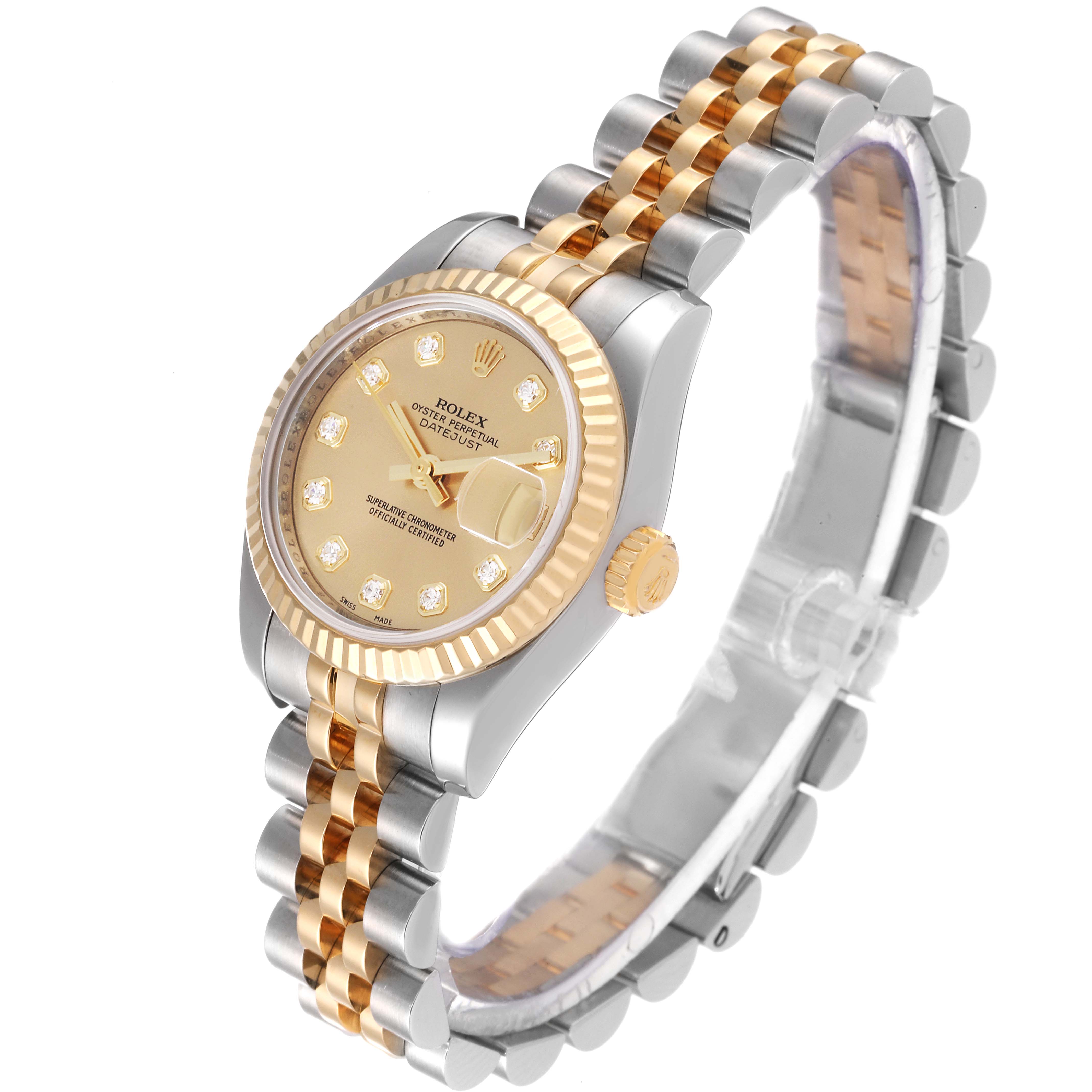 This image shows a Rolex Datejust 179173 Women's Steel and Gold (two tone) Champagne Dial 179173 Women's Steel and Gold (two tone) Champagne Dial watch at a slight angle, highlighting its face, crown, and jubilee bracelet.