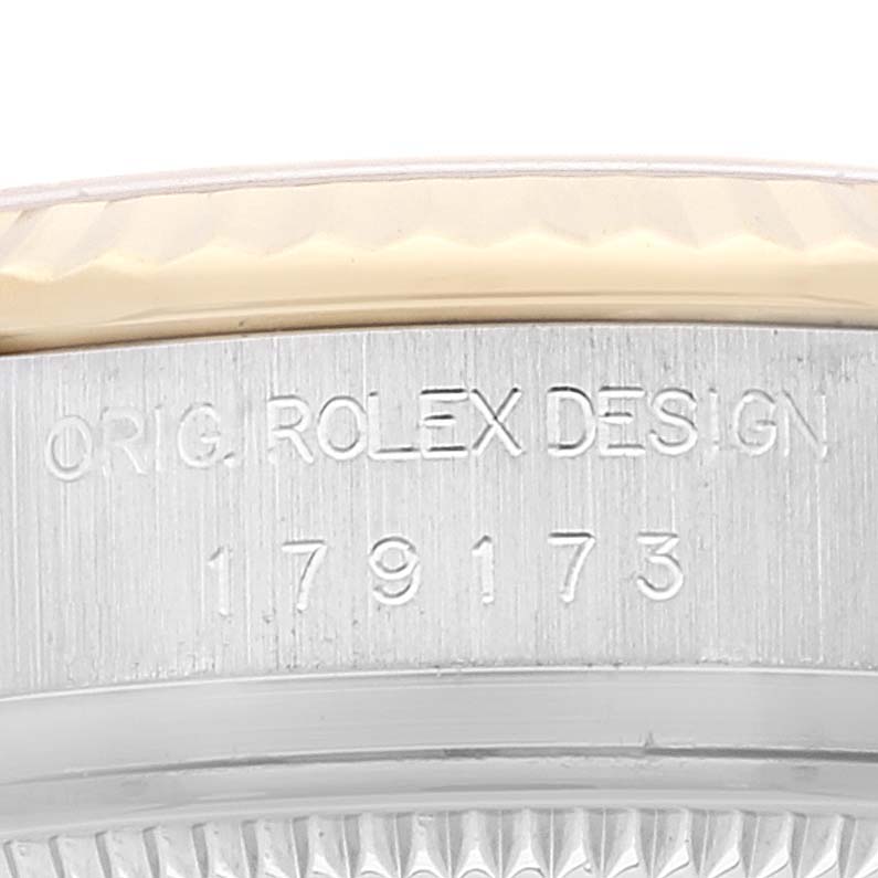 The image shows an engraved side view of the case of a Rolex Datejust 179173 Women's Steel and Gold (two tone) Champagne Dial 179173 Women's Steel and Gold (two tone) Champagne Dial watch, highlighting the model number "179173."