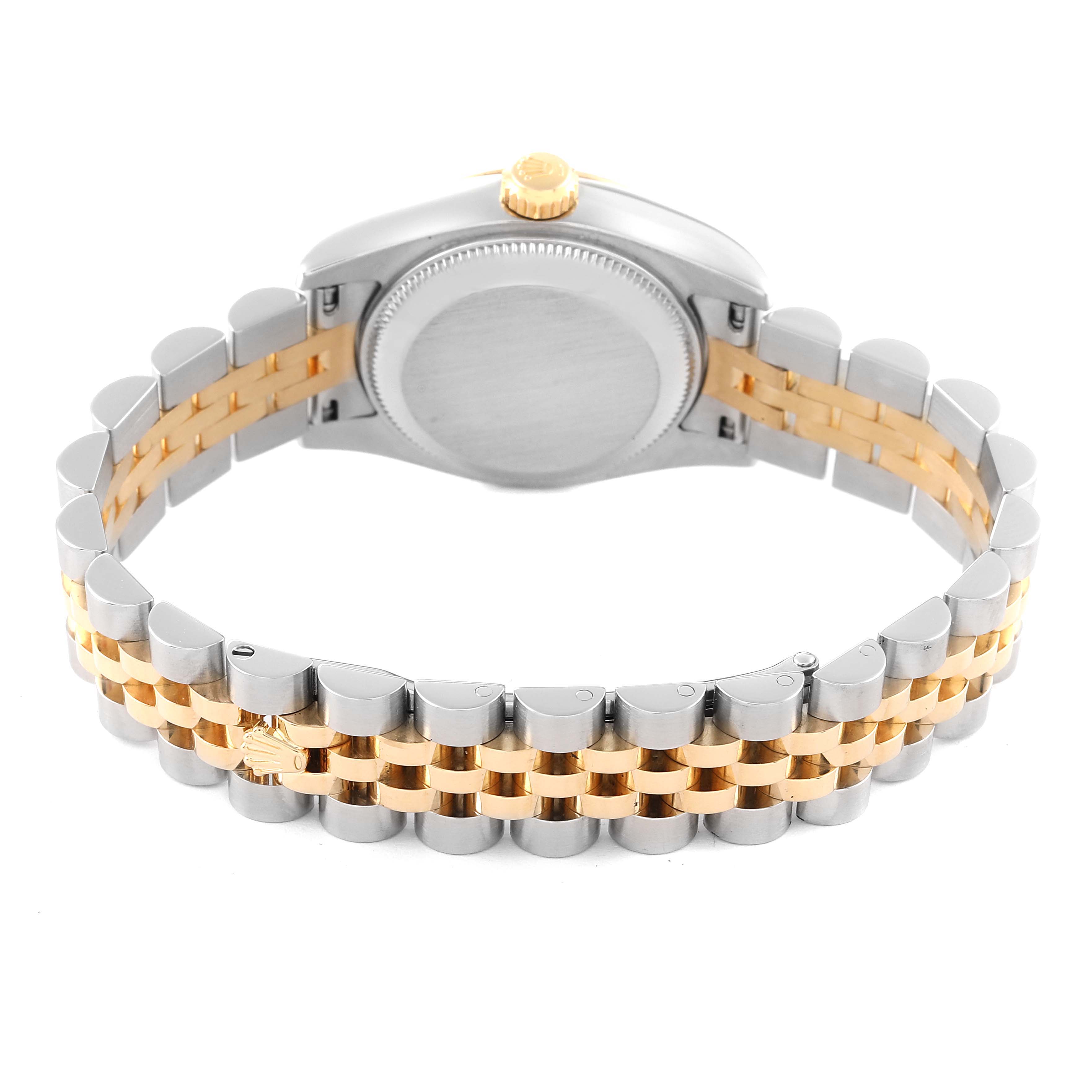 The image shows the back view of a Rolex Datejust 179173 Women's Steel and Gold (two tone) Champagne Dial 179173 Women's Steel and Gold (two tone) Champagne Dial watch, highlighting the case back and two-tone jubilee bracelet.