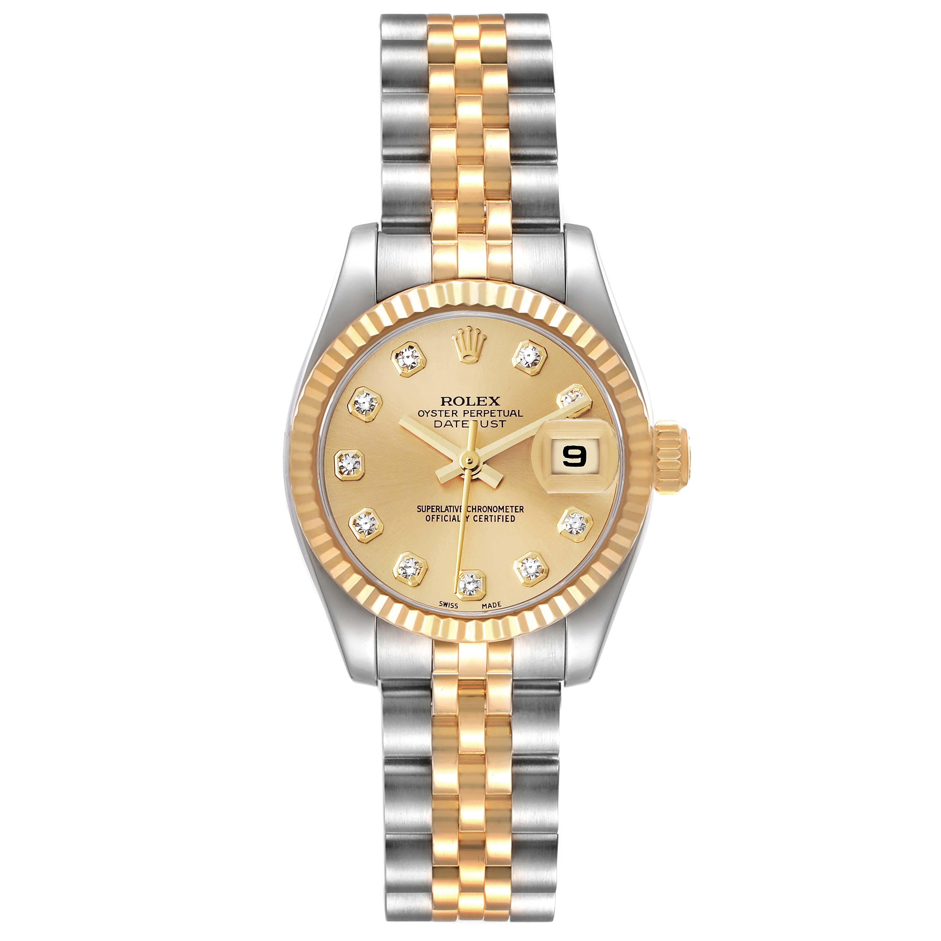 The Rolex Datejust 179173 Women's Steel and Gold (two tone) Champagne Dial 179173 Women's Steel and Gold (two tone) Champagne Dial watch is shown from a top-down angle, displaying the face, dial, and bi-metal bracelet.
