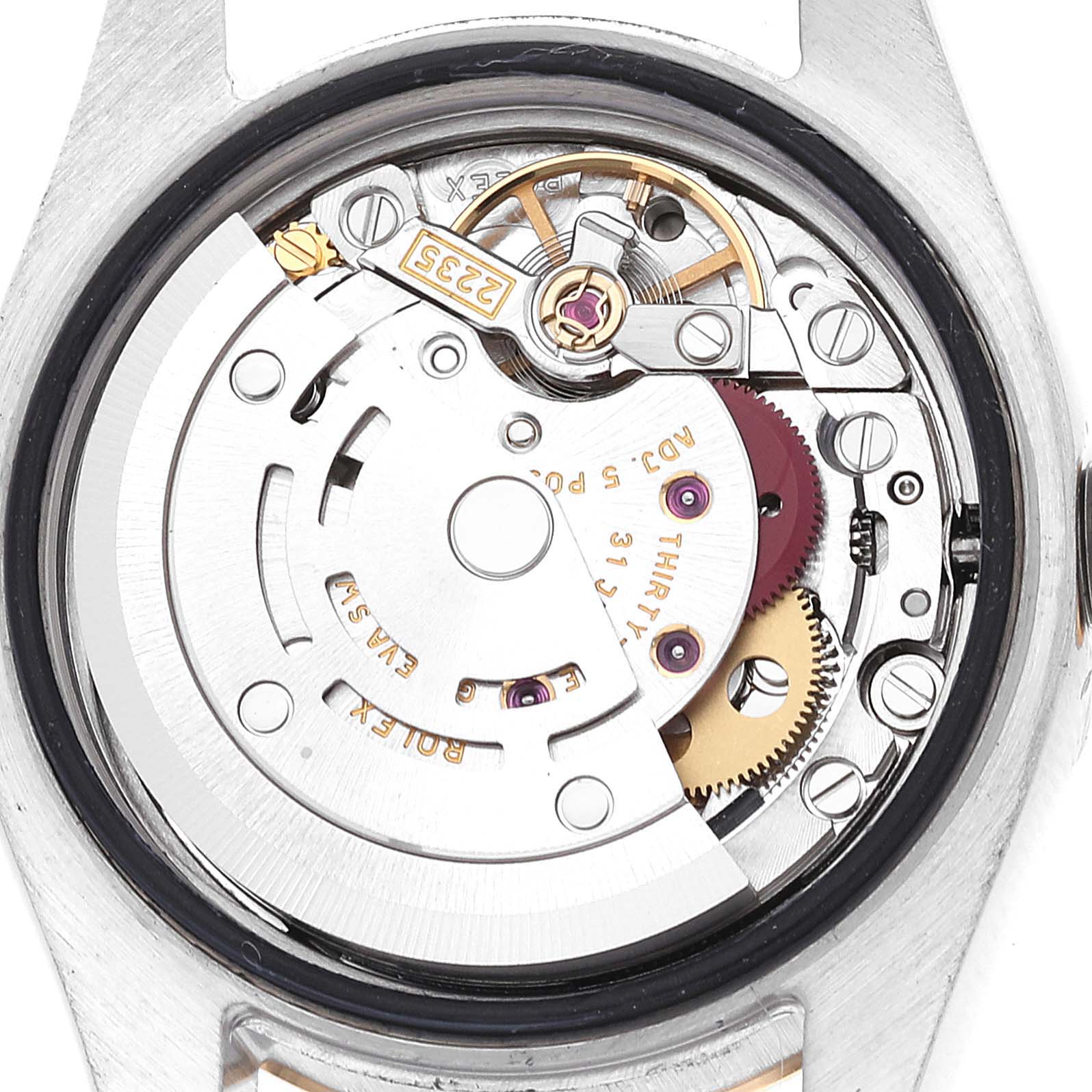 This image shows the internal movement mechanism of a Rolex Datejust 179173 Women's Steel and Gold (two tone) Champagne Dial 179173 Women's Steel and Gold (two tone) Champagne Dial watch, viewed from the back.