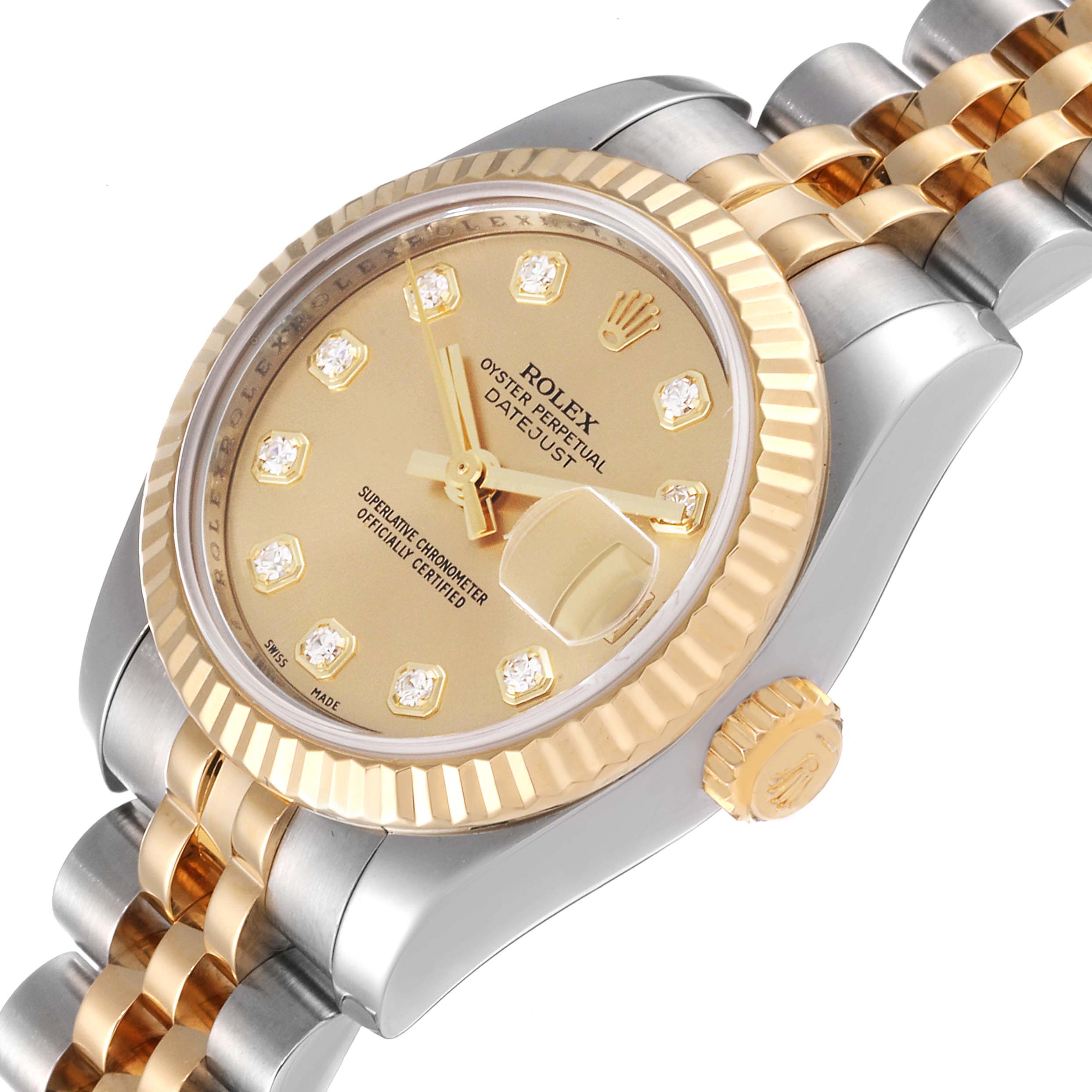 The image shows a Rolex Datejust 179173 Women's Steel and Gold (two tone) Champagne Dial 179173 Women's Steel and Gold (two tone) Champagne Dial watch at an angled view, highlighting its gold and silver bezel, dial, and part of the bracelet.