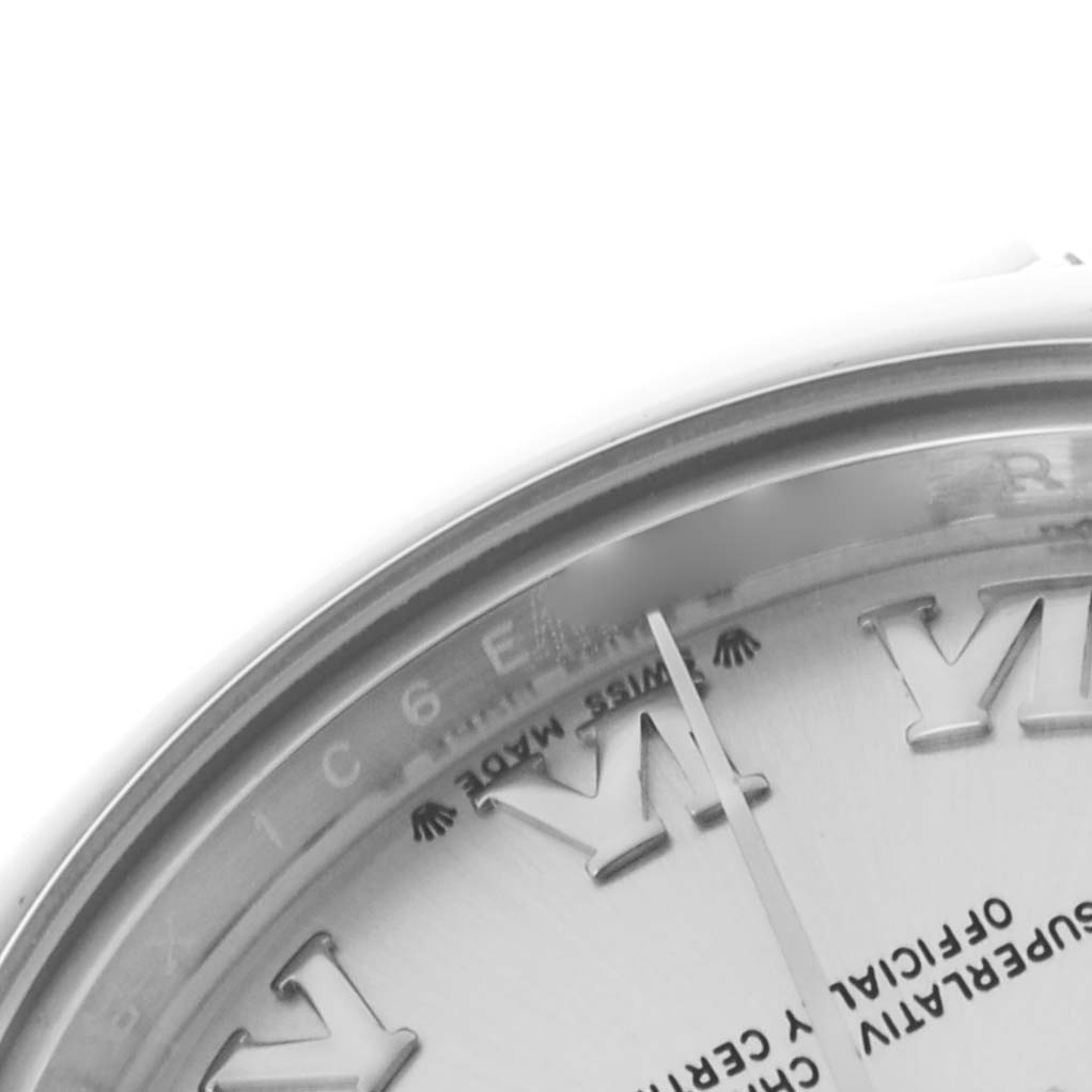 The image shows a close-up of the Rolex Datejust 279160 Women's Stainless Steel Silver Dial 279160 Women's Stainless Steel Silver Dial watch face, featuring part of the Roman numeral markers and watch hands.
