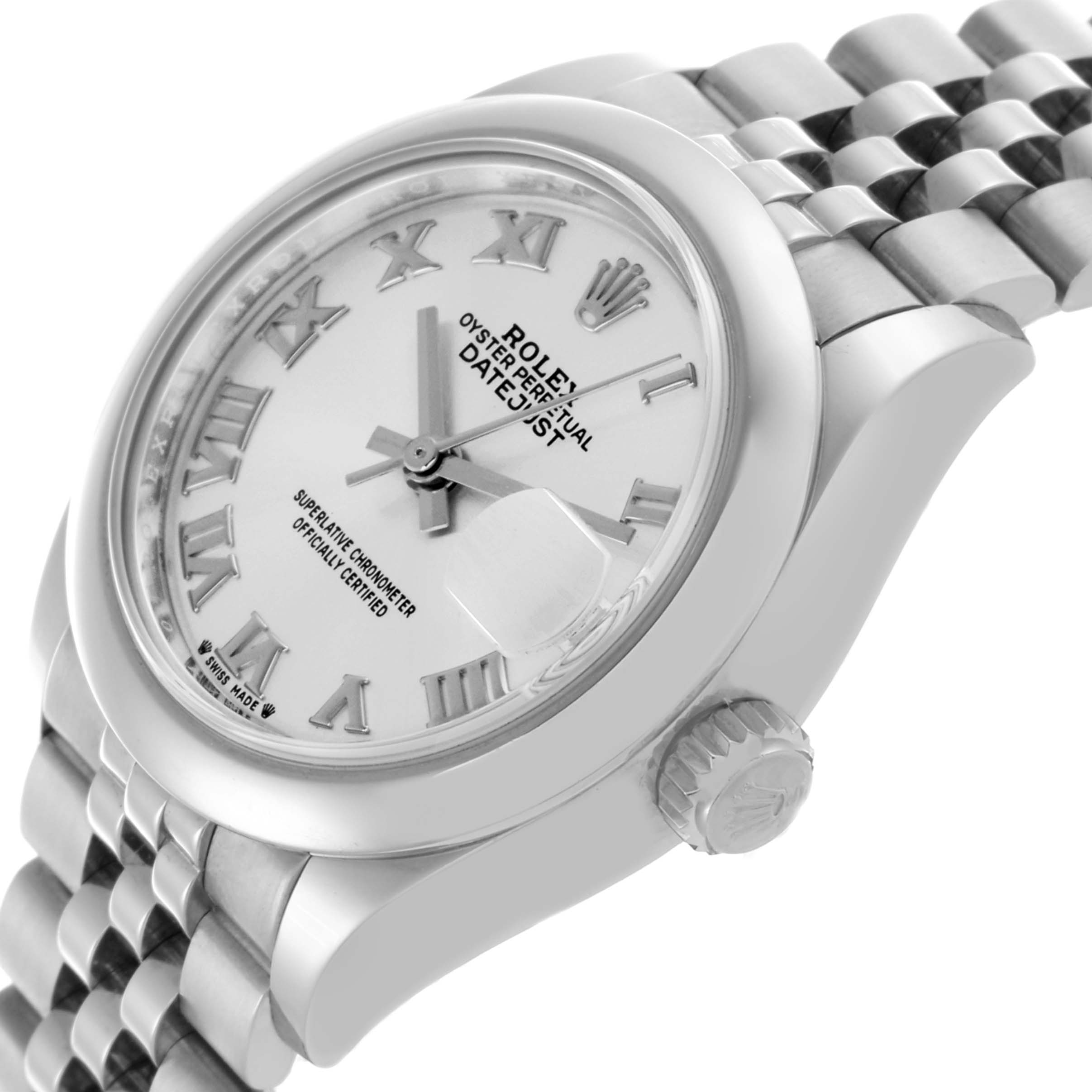 The Rolex Datejust 279160 Women's Stainless Steel Silver Dial 279160 Women's Stainless Steel Silver Dial is shown at a three-quarter angle, displaying the dial, case, crown, and part of the bracelet.